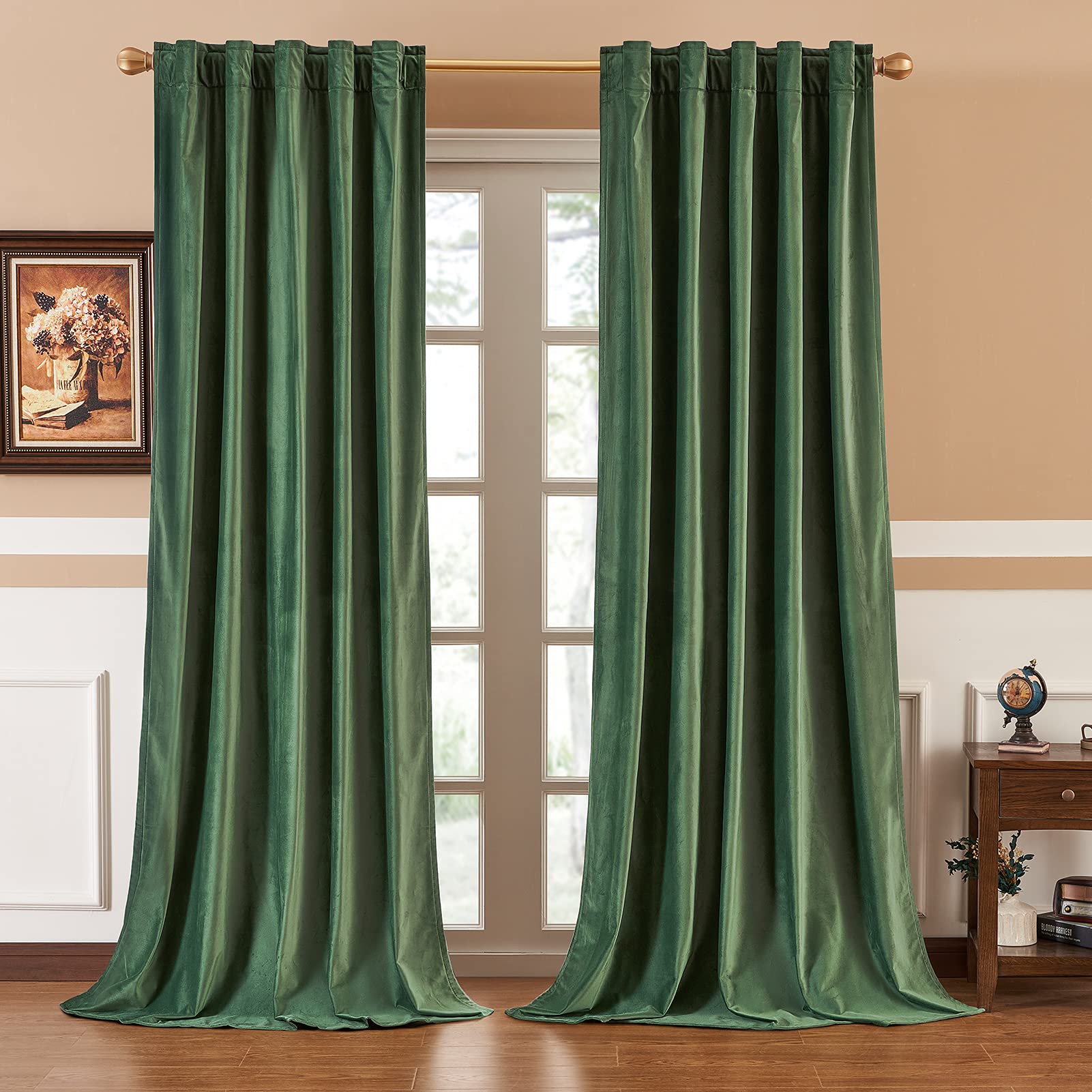 TopfinelEmerald Green Velvet Curtains 96 Inches Long for Bedroom Thermal Insulated Soundproof Room Darkening Curtains/Drapes for Classical Dining Living Room Decor 52 x 96 Inch Set of 2,Moss Green