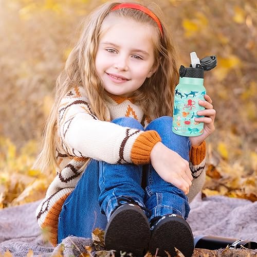 Miniatura 7 de Han's Bottle Botella de agua para niños con tapa con pajilla, vaso reutilizable de acero inoxidable aislado para niños pequeños, niñas, niños, taza