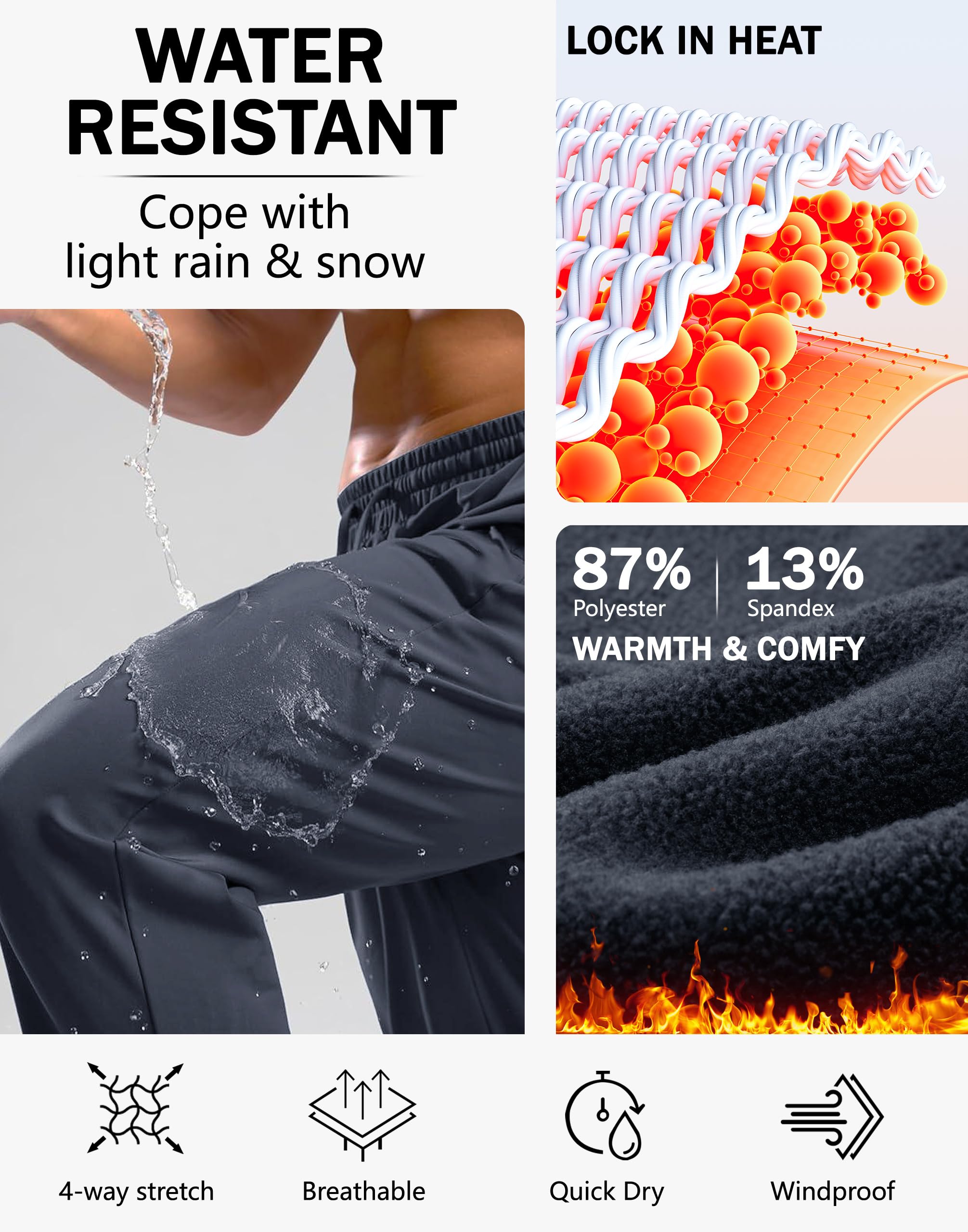 JWM Men's Thin Fleece Joggers Pants 3 Zipper Pockets Loose Fit Workout Gym Running Tapered Pants Winter Athletic Sweatpants Dark Grey