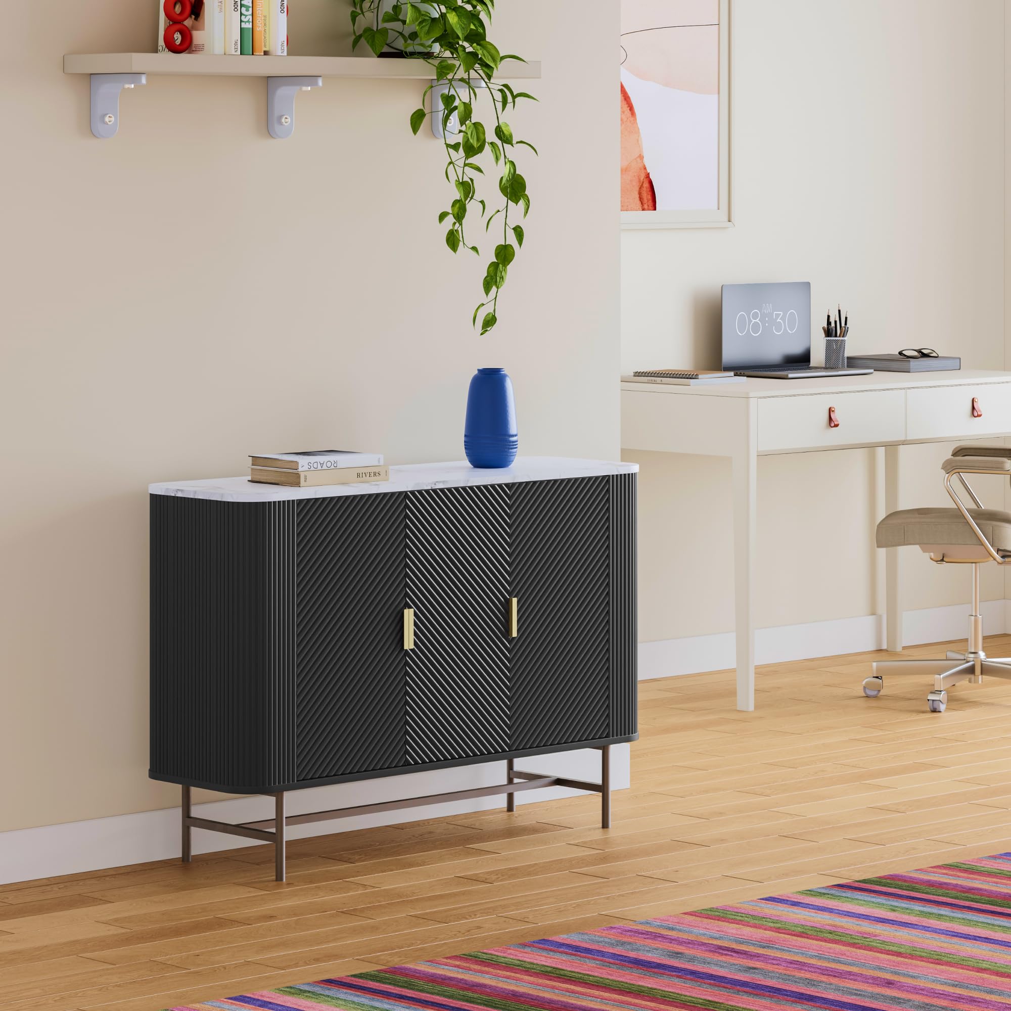 [en.casa] Mobile Contenitore a 3 Ante Credenza con 4 Scomparti e Pannelli Decorativi Madia Buffet con Ripiani per Soggiorno Sala da Pranzo Ingresso 110 x 40 x 77 cm - Nero/Effetto Marmo Bianco