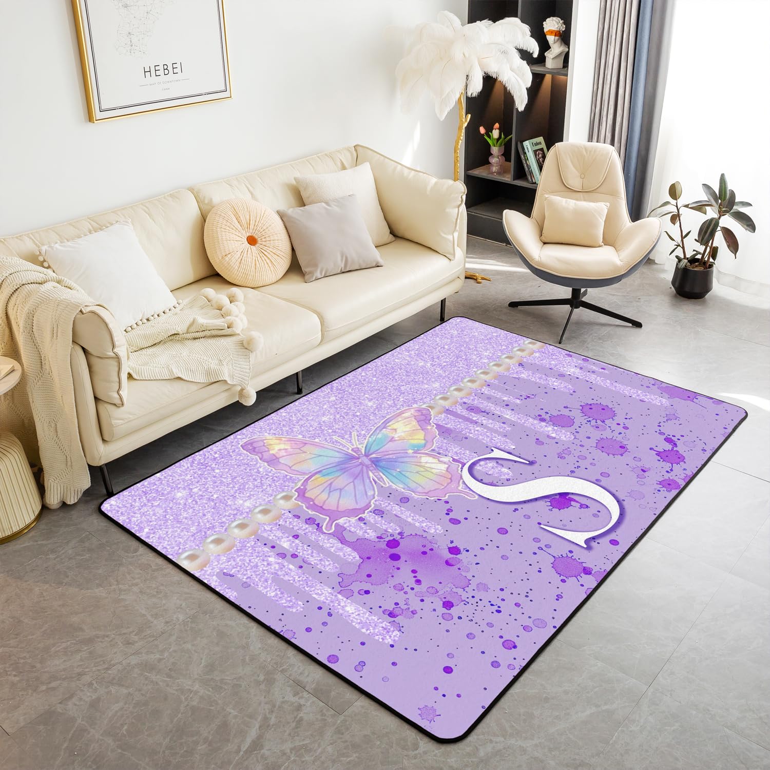 Alphabet Lettre S Tapis Exterieur Violet Papillon Tapis Salon 100x150cm pour Garçons Filles Glitter Imprimer Graffti Chambre Décor