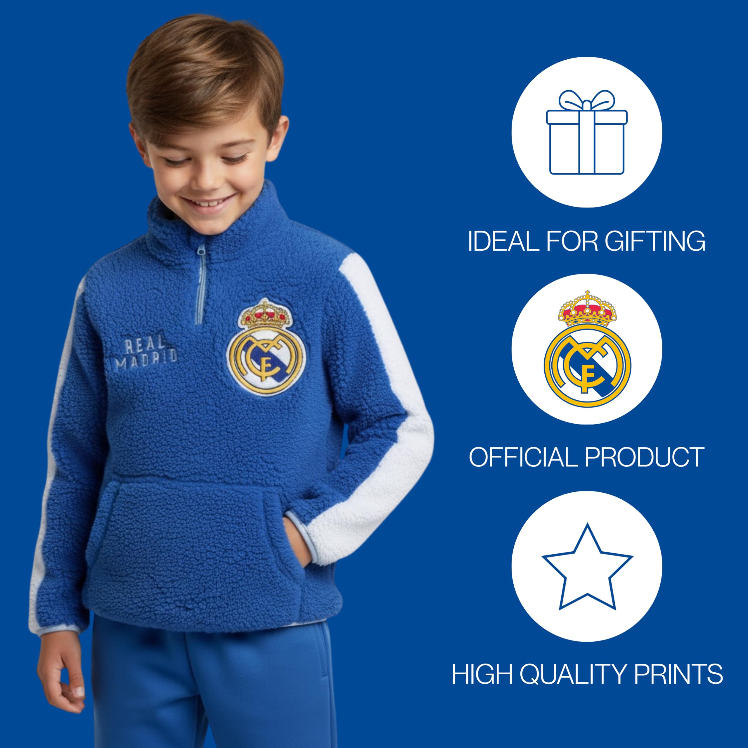 CF REAL MADRID Sudadera para Niño, Sueter Sudadera Diseño Textil Suave Polar Sherpa, Regalo para Niño, Tallas 4 a 10 Años