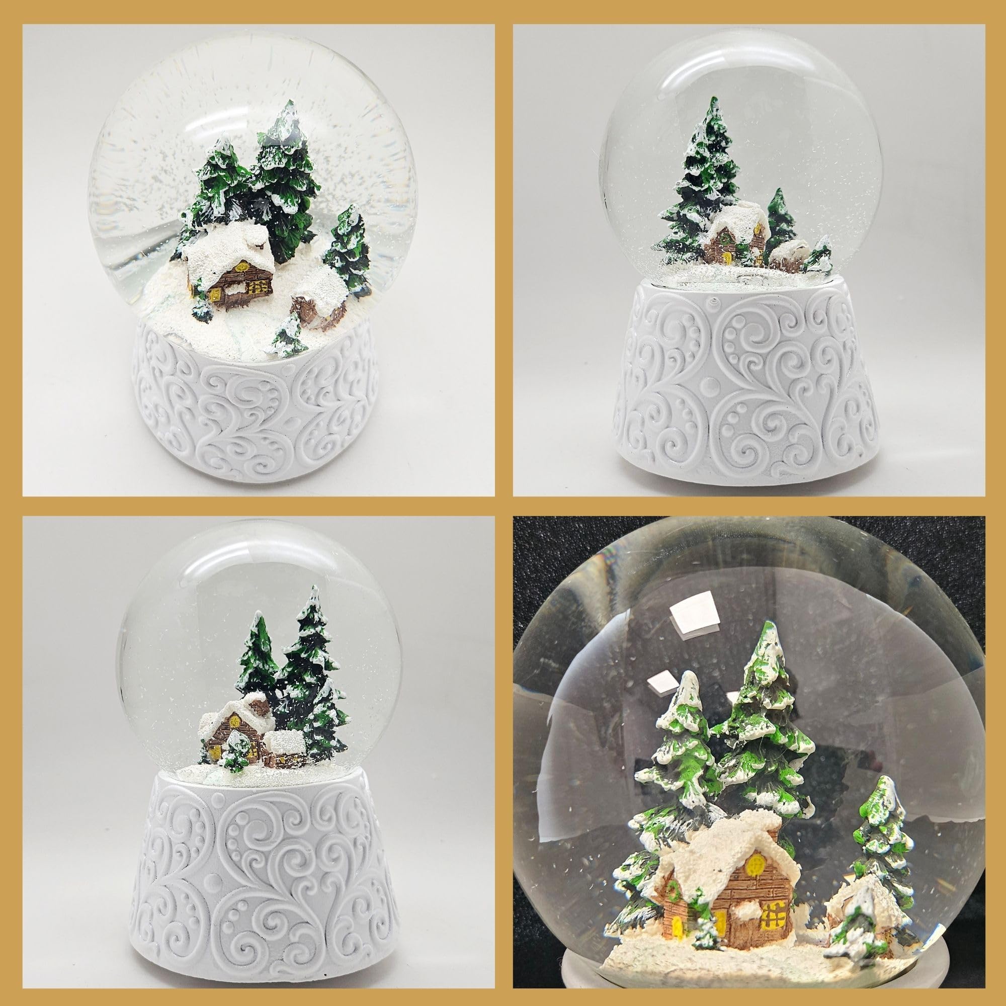 Schneekugel Spieluhr Weihnachten | Hüttenzauber Winterhütte Berghütte | Sockel weiß Nostalgie | Höhe: 140mm, Durchmesser 100mm | Schüttelkugel Weihnachtsdekoration | 20326