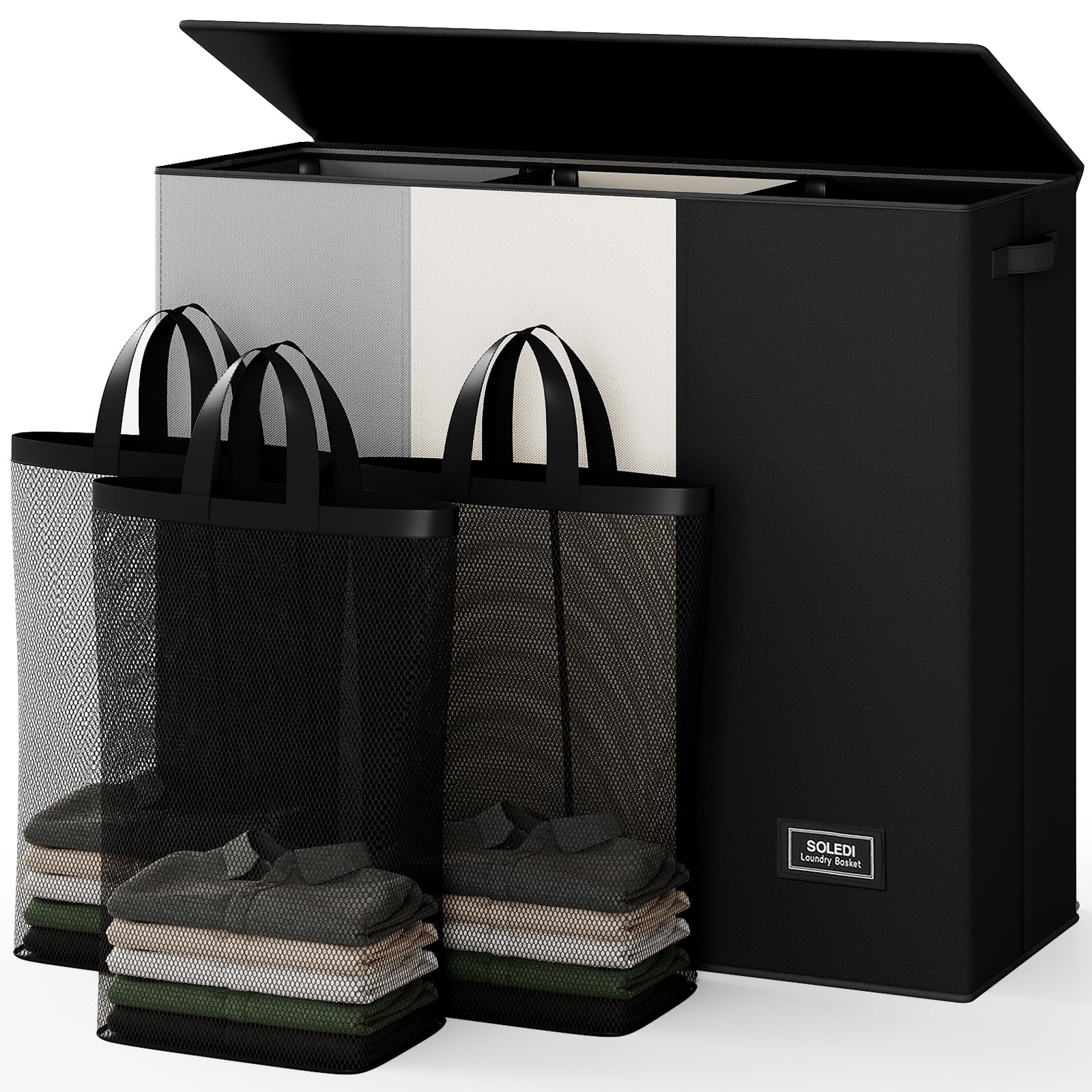 SOLEDI Laundry Basket 3 Compartment with lid and 3 Pcs Laundry Bag Large Hamper 180L, Laundry Basket Laundry sorter Clothes hamper for Laundryroom Bedroom Blanket Storage Organizer, Black White Grey
