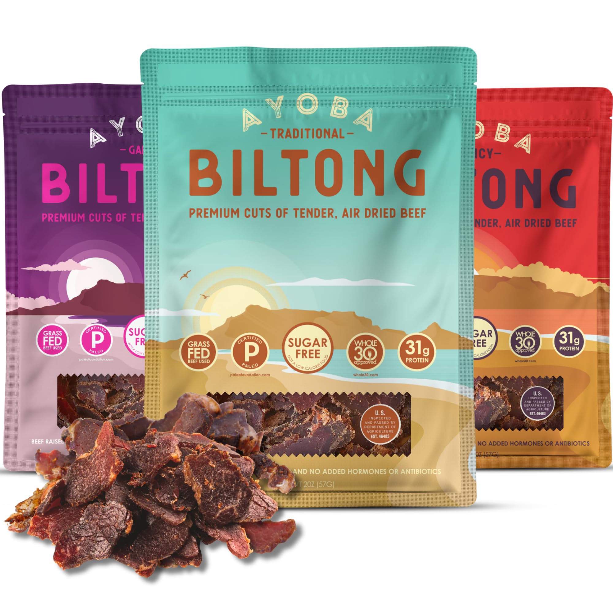 Ayoba Grass Fed Beef Biltong Slices, Variety Pack (2 Ounce, Pack of 3) - Authentic South African Protein Snacks - Keto-Certified,Paleo-Certified, Gluten Free, and Sugar Free Beef Biltong
