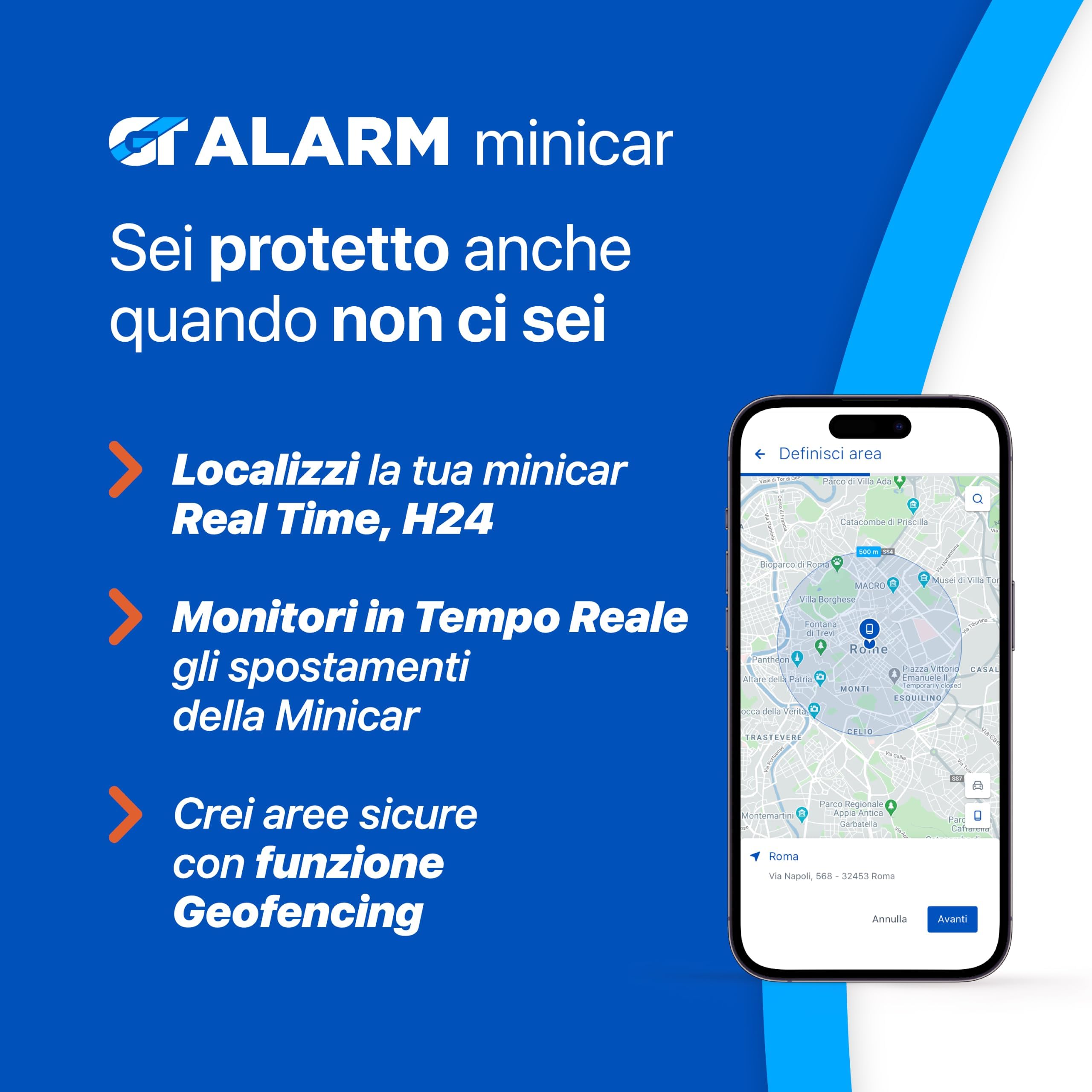 GT ALARM MINICAR - Antifurto Satellitare 4G per Minicar - Centrale Operativa e facile installazione