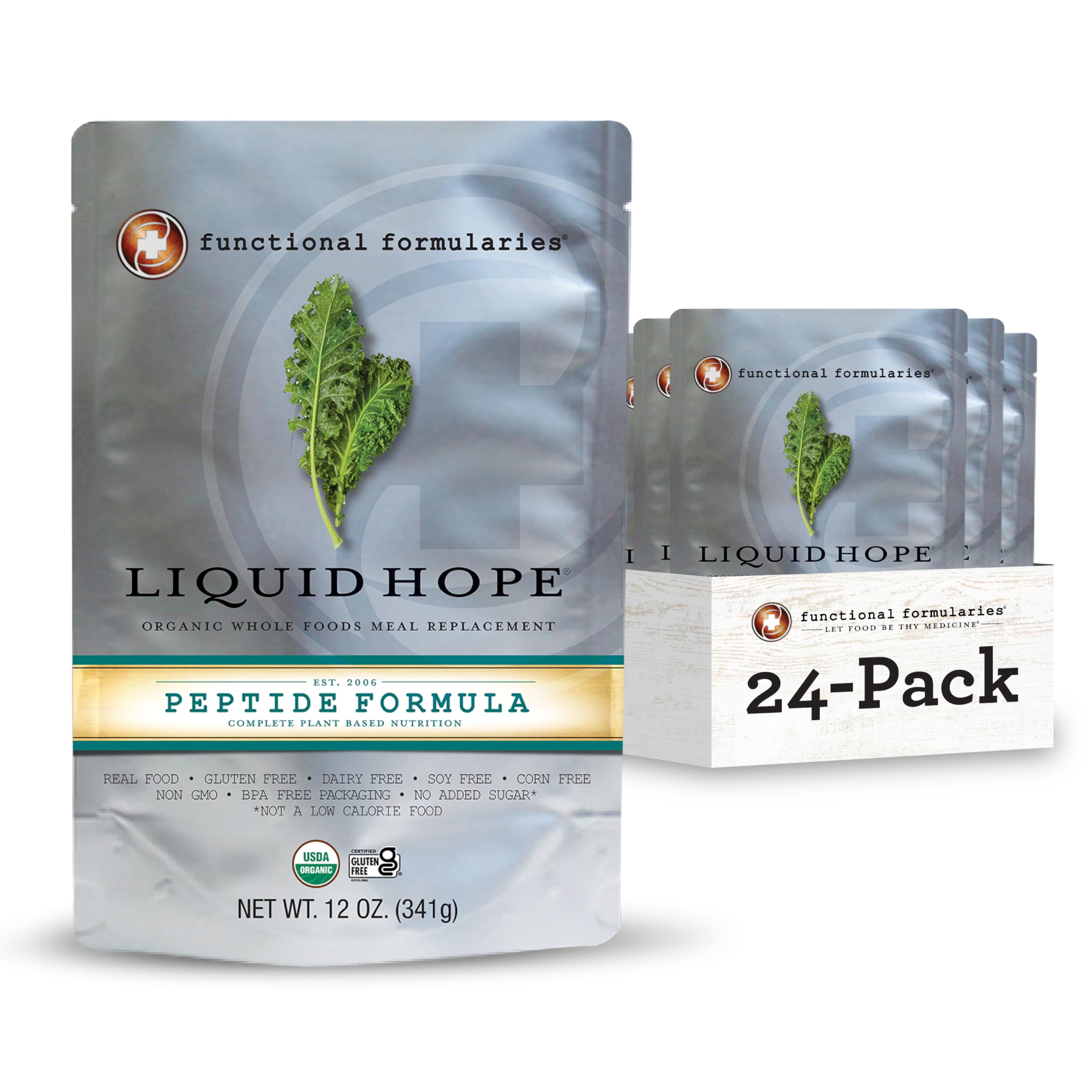 Functional Formularies Liquid Hope Peptide Organic Tube Feeding Formula and Nutritional Meal Replacement Supplement, 12 Oz Pouch, Pack of 24