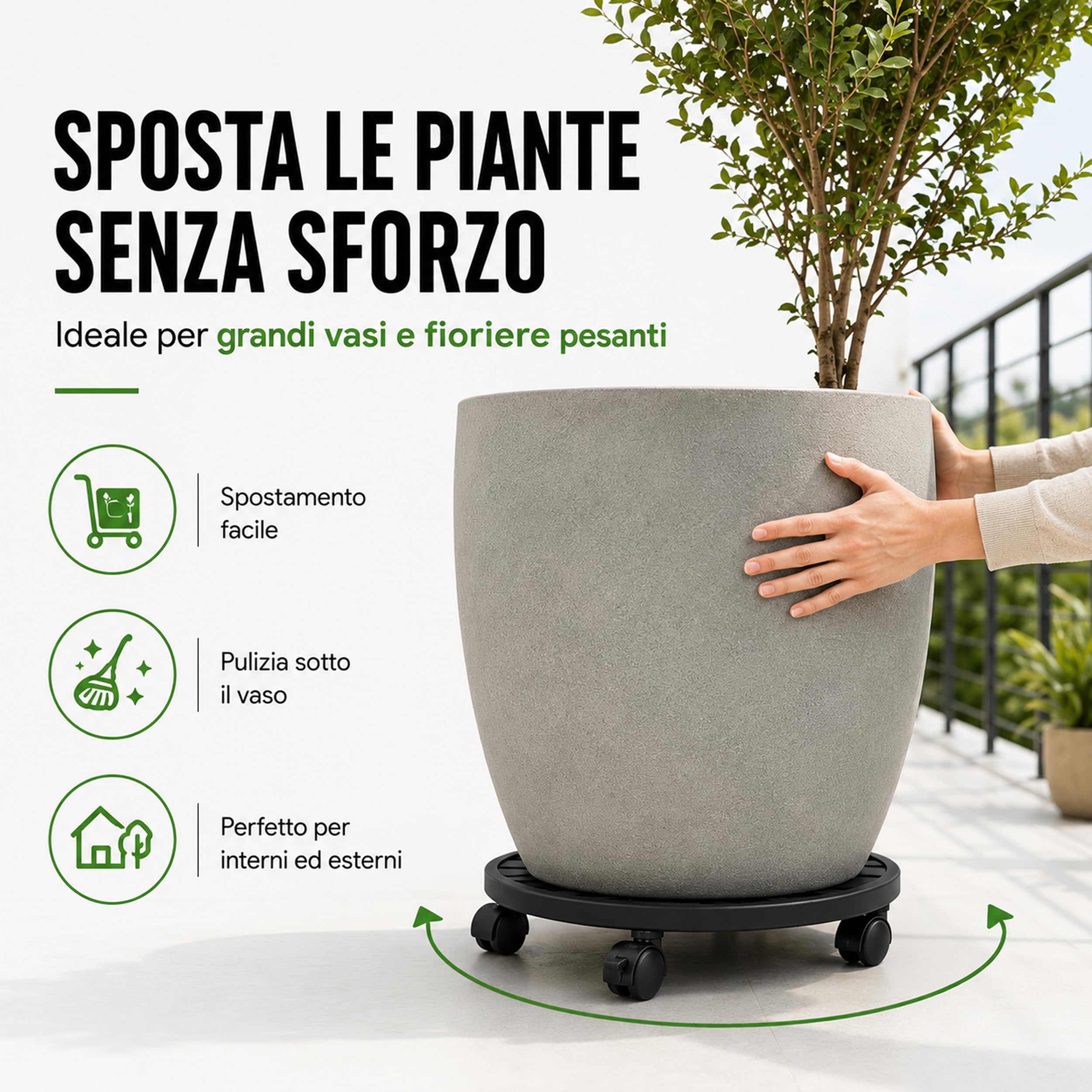 Tecnokit Carrello Portavasi Circolare O 30 cm Nero | Sottovaso con Ruote in Acciaio | Uso Interno ed Esterno | Made in Italy