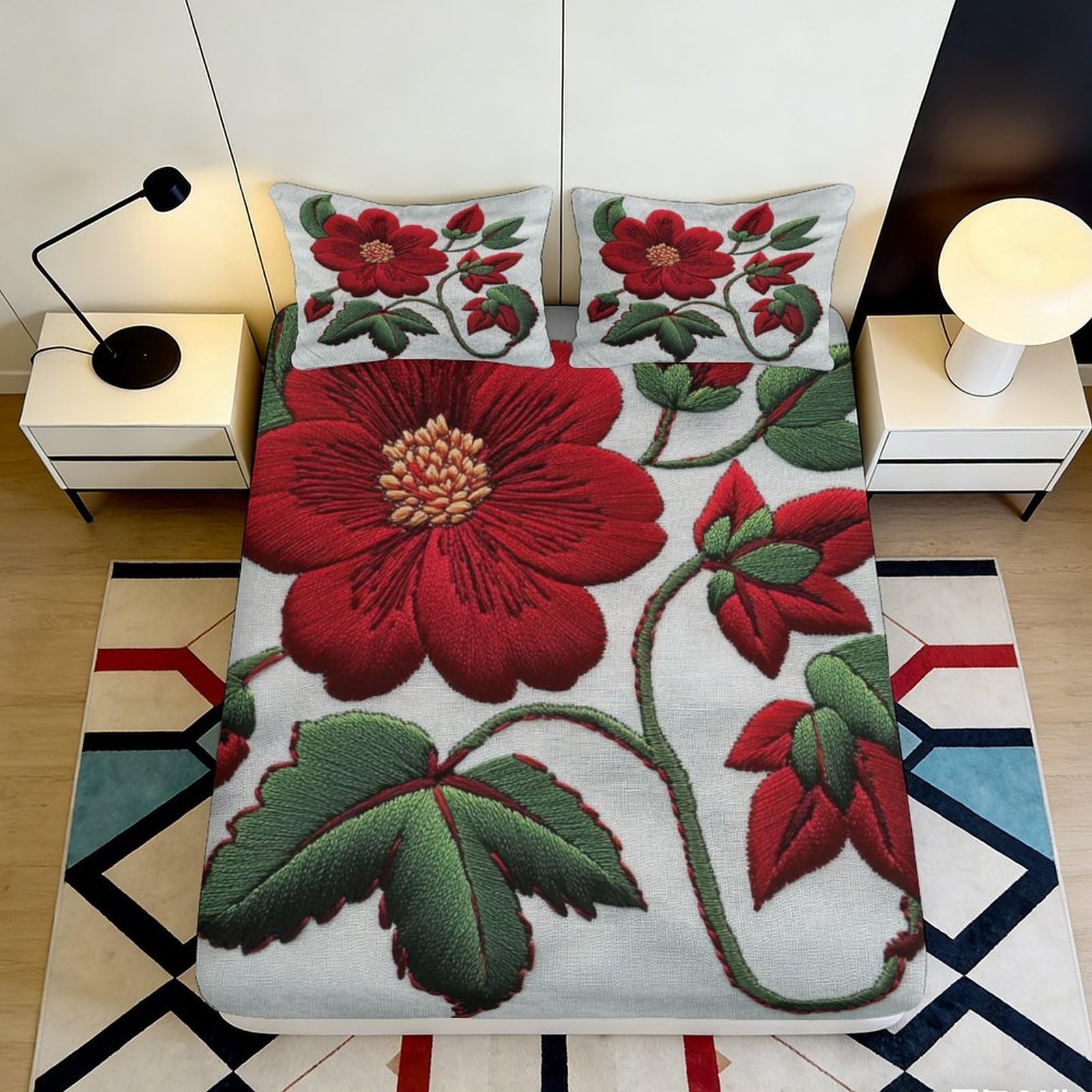 Dhbaneiok Style-1 3D Printed Red Flower Fitted Sheet Microfiber Soft Botanical Bed Sheet For Bedroom Guest Room Mattress Decor 90X200x25cm