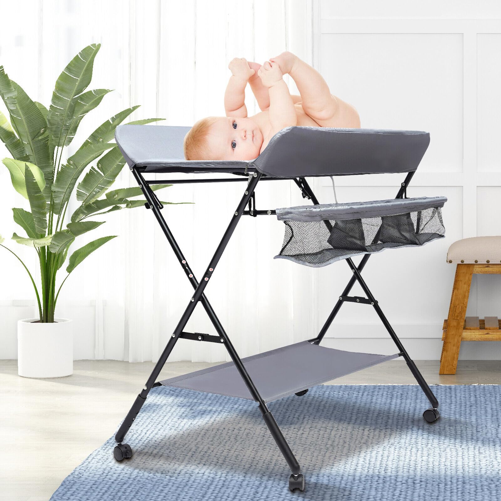 Cambiador para bebé plegable, mesa cambiadora móvil, mesa cambiadora con divisor extraíble, 80 x 63 x 96 cm, equipada con ruedas antideslizantes (gris)
