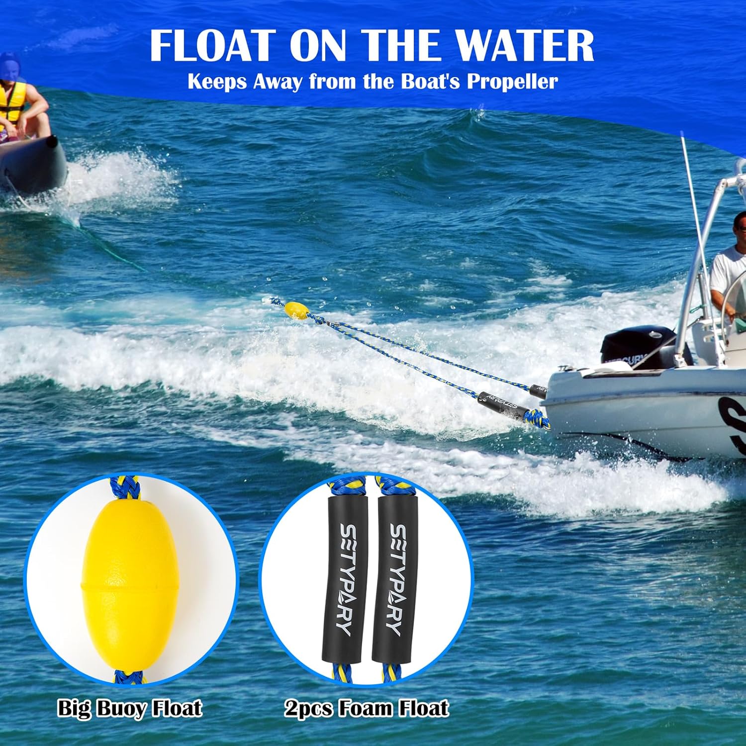 Self-Centering Boat Tow Harness (Blue & Yellow) & 75FT Dyneema Wakeboard Rope (Light Blue) Combo – Floating Tubing Harness & No-Stretch Rope with Handle for Wakeboarding, Watersports