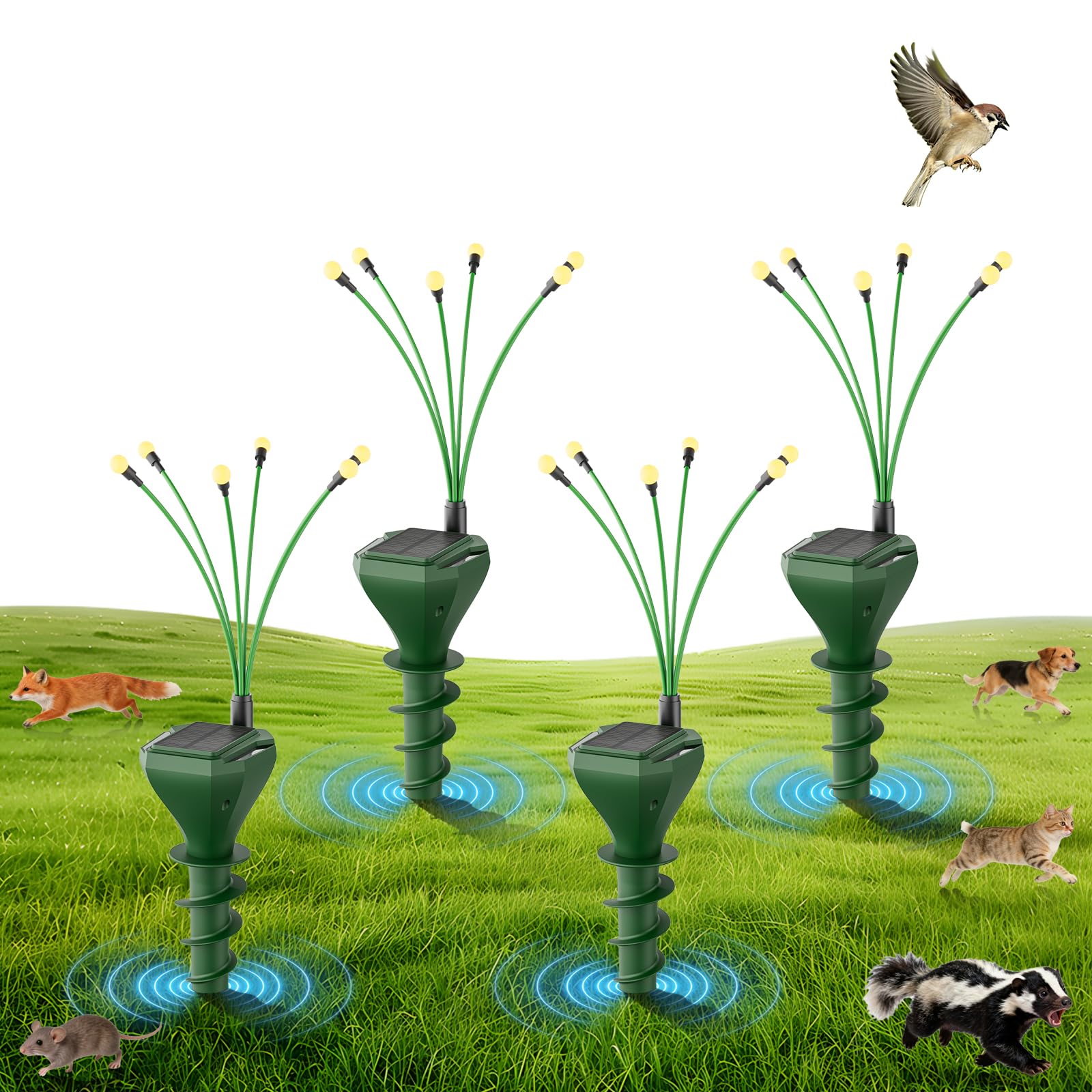 Confezione da 4 pali repellenti per talpe a energia solare per prato, deterrente Gopher con luci a LED Firefly, impermeabili, per esterni, per arvicole, marmotte, serpenti, soluzione sicura per