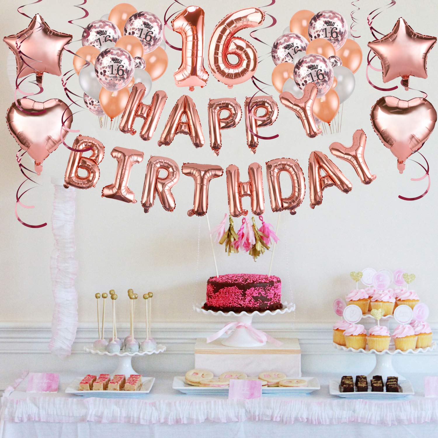 Decorazione Torta, regalo e palloncino d'oro rosa per il 16° compleanno della ragazza