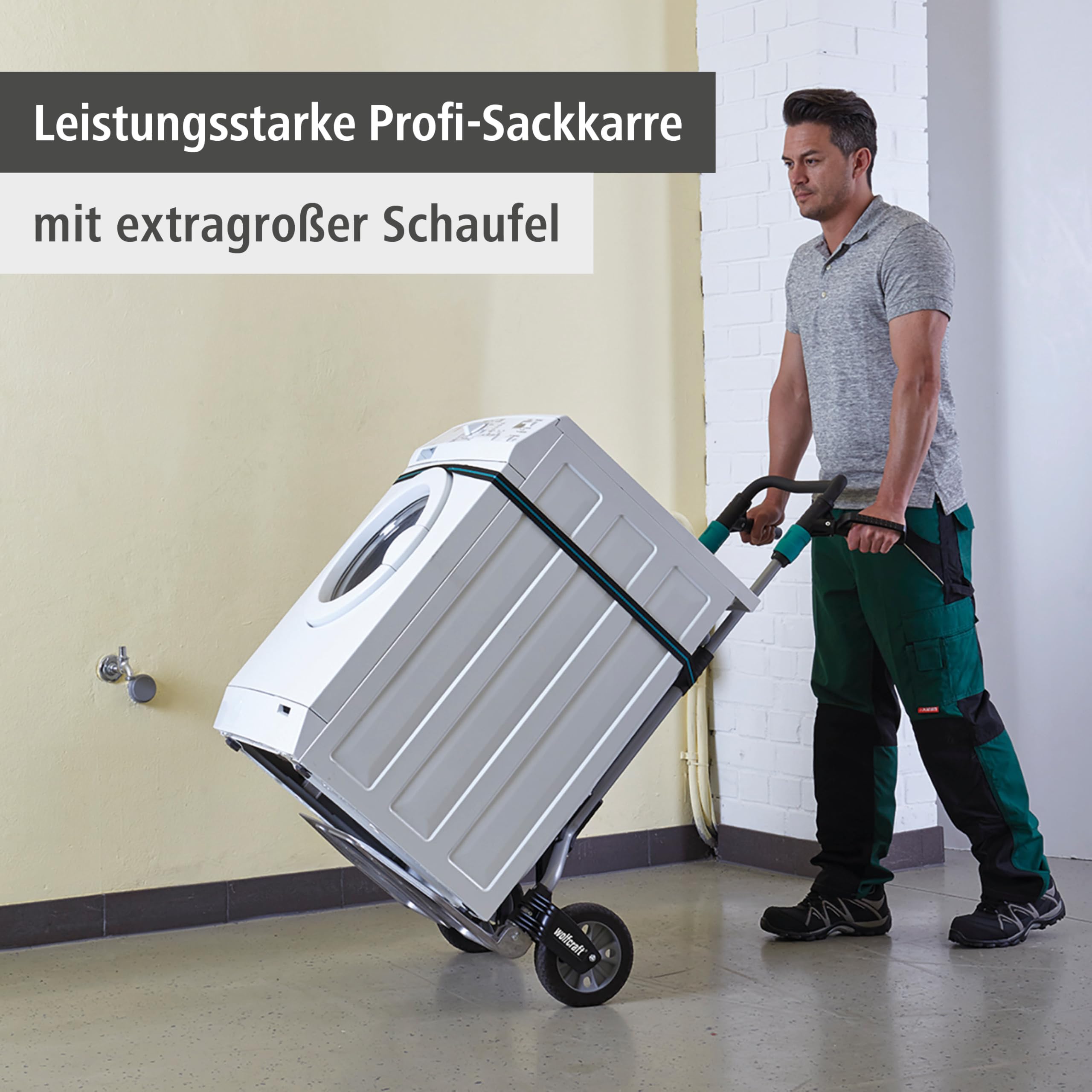 wolfcraft TS 1500 Transportsystem - Profi Sackkarre für Lasten bis 200 kg | Klappbarer Handkarren, ideal für Außengelände und Treppen, extragroße Schaufel, pannensichere Räder, Made in Europe - 5525000