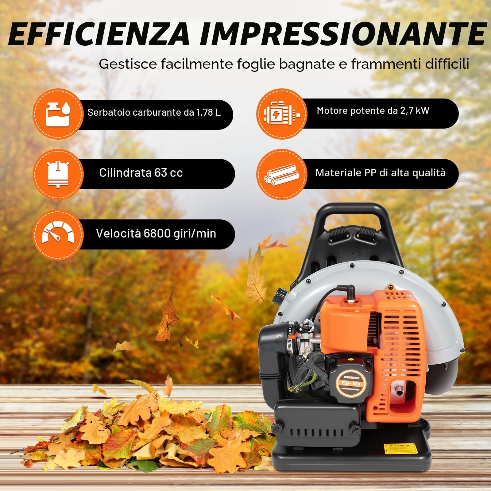 Soffiatore a Scoppio 63cc 6800r/min Motore Benzina Due Tempi | 0.3 m³/s, Soffiatore di Foglie Dorsale, Soffiatore da Giardino con Tracolla Regolabile, Serbatoio Carburante da 1.8L