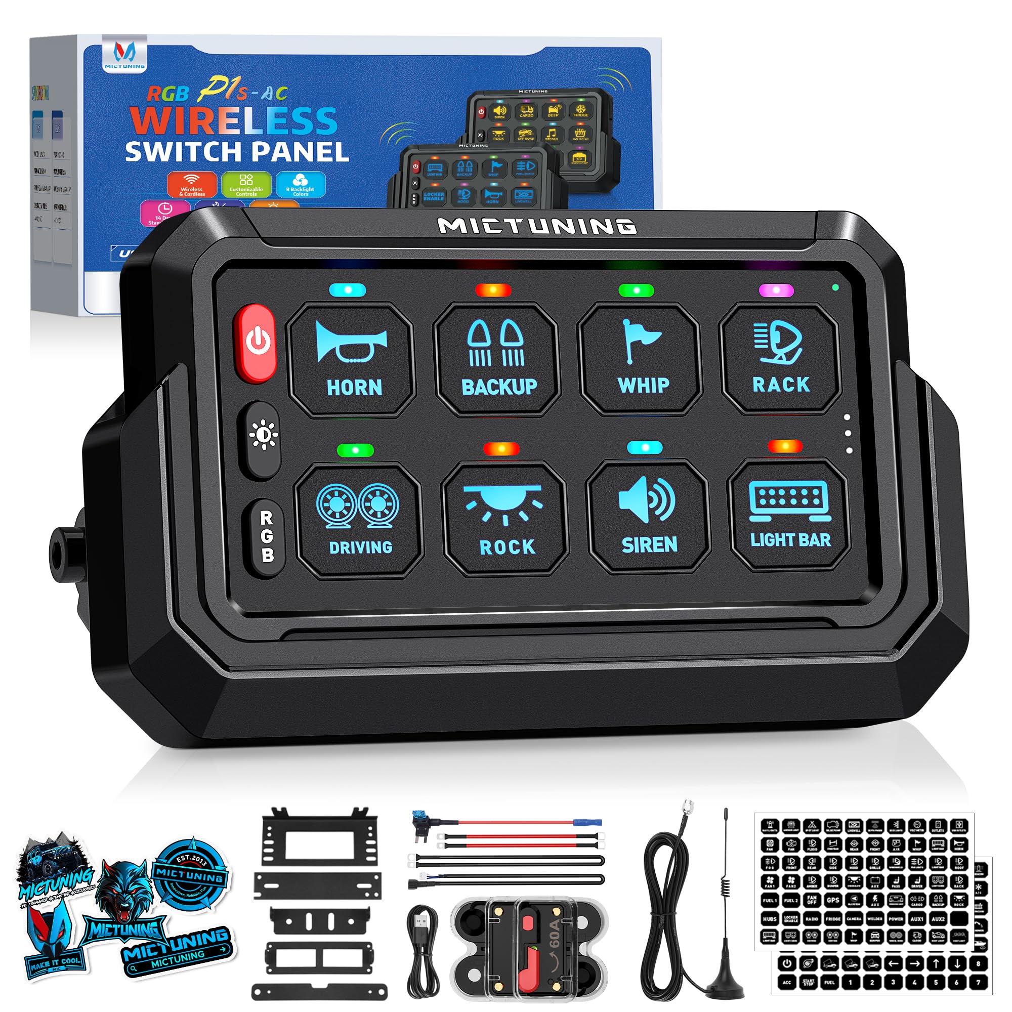 MICTUNING P1s-AC Wireless RGB 8 Gang Switch Panel, 433MHz Remote Control Range Up to 165FT Plug and Play 12V Multifunction Toggle Momentary Strobe