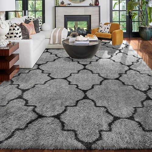 Amdrebio Black and Grey Area Rug for Living Room, 6x9 Rug, Large Fluffy Plush Carpets for Bedroom, Indoor Furry Shaggy Rug for Kids Boys Room, Thick Geometric Rugs for Playroom, Soft Modern Rug