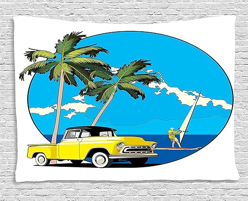 Miniatura 67 de Ambesonne Tapiz de fantasía, paisaje de fantasía con reloj, rayos de cielo de ensueño desde el techo, arte ficticio, colgante de pared ancho para