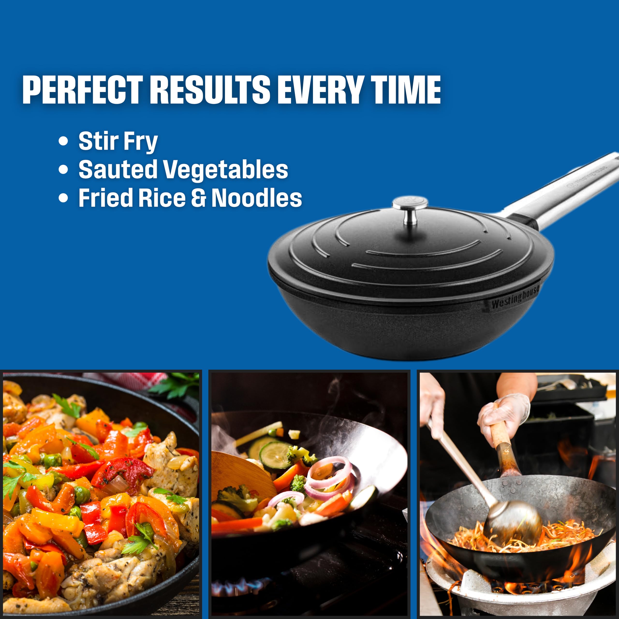 Westinghouse USA Performance Series - Padella wok antiaderente con coperchio, in alluminio pressofuso con rivestimento in QuanTanium, adatta a induzione e forno, manico in acciaio inossidabile