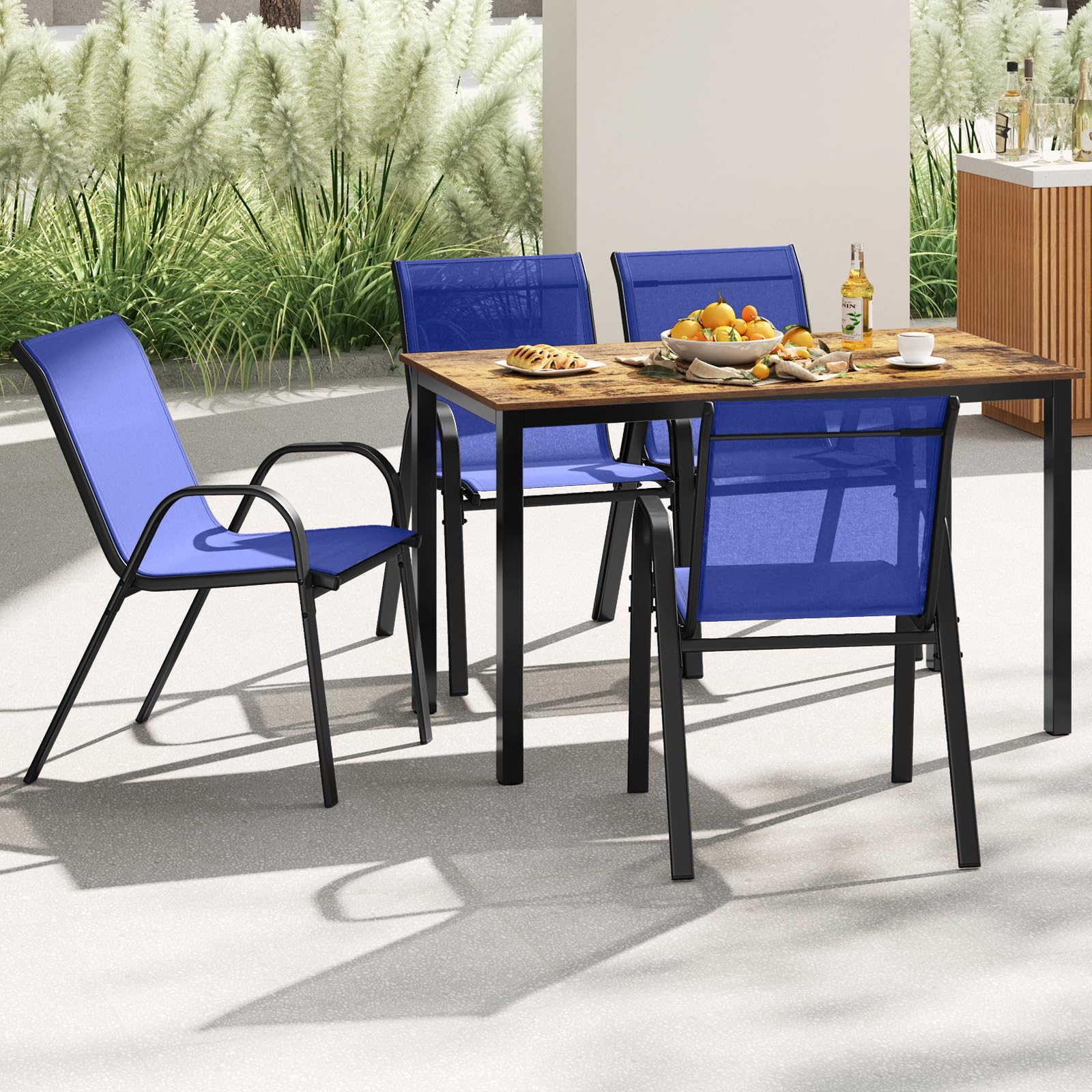 GYMAX Set di 2/4 Sedie da Giardino Impilabili con Tessuto Resistente alle Intemperie, Poltroncine da Esterno in Metallo per Giardino, Cortile, Portata 150 kg, 56 x 70 x 84 cm (Blu, 4 Pezzi)