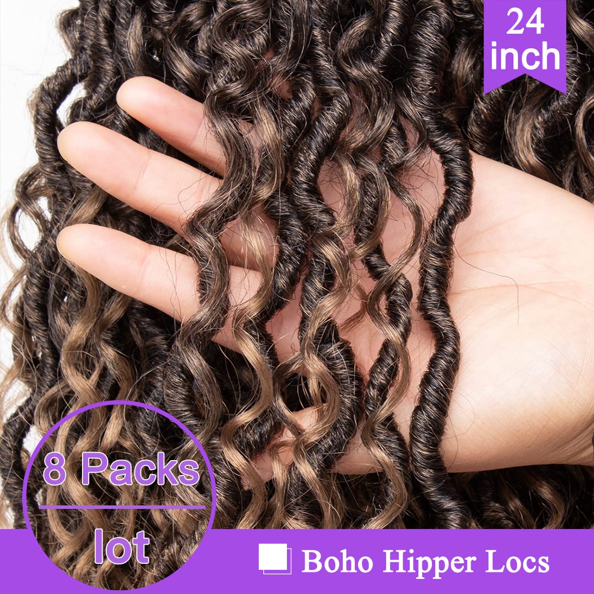 ZRQ 8 Packs Boho Faux Locs Crochet Hair 24 Inch Ombre Goddess Locs Croceht Braids, Pre Looped Boho Goddess Loc,Curly Bohemian Locs With Curly Ends Hair Extension T27#