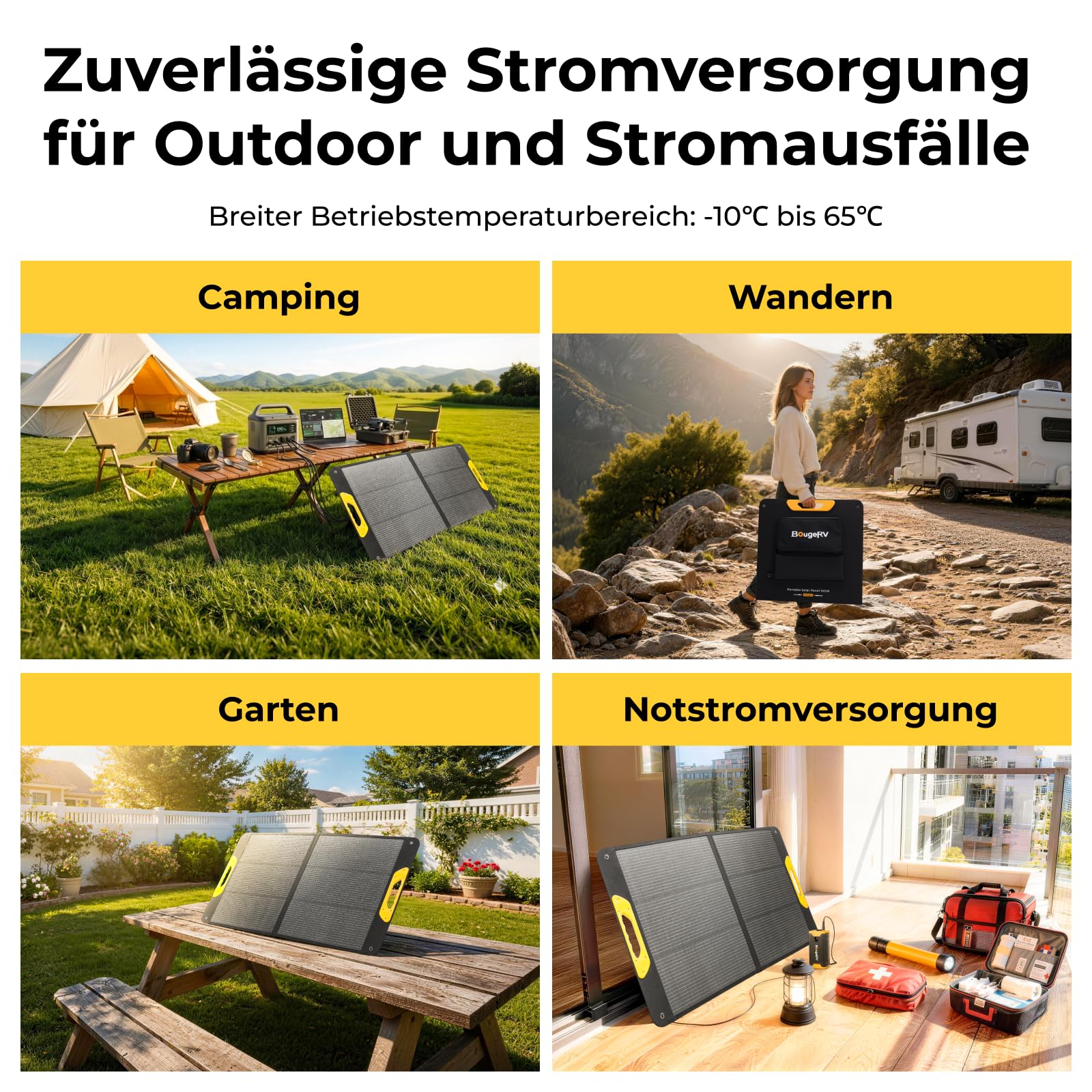 BougeRV 100W Faltbares Solarpanel, 25% Effizienz N-Typ, IP65, Tragbares Solarmodul mit XT60/DC5521/DC7909, für Camping Outdoor