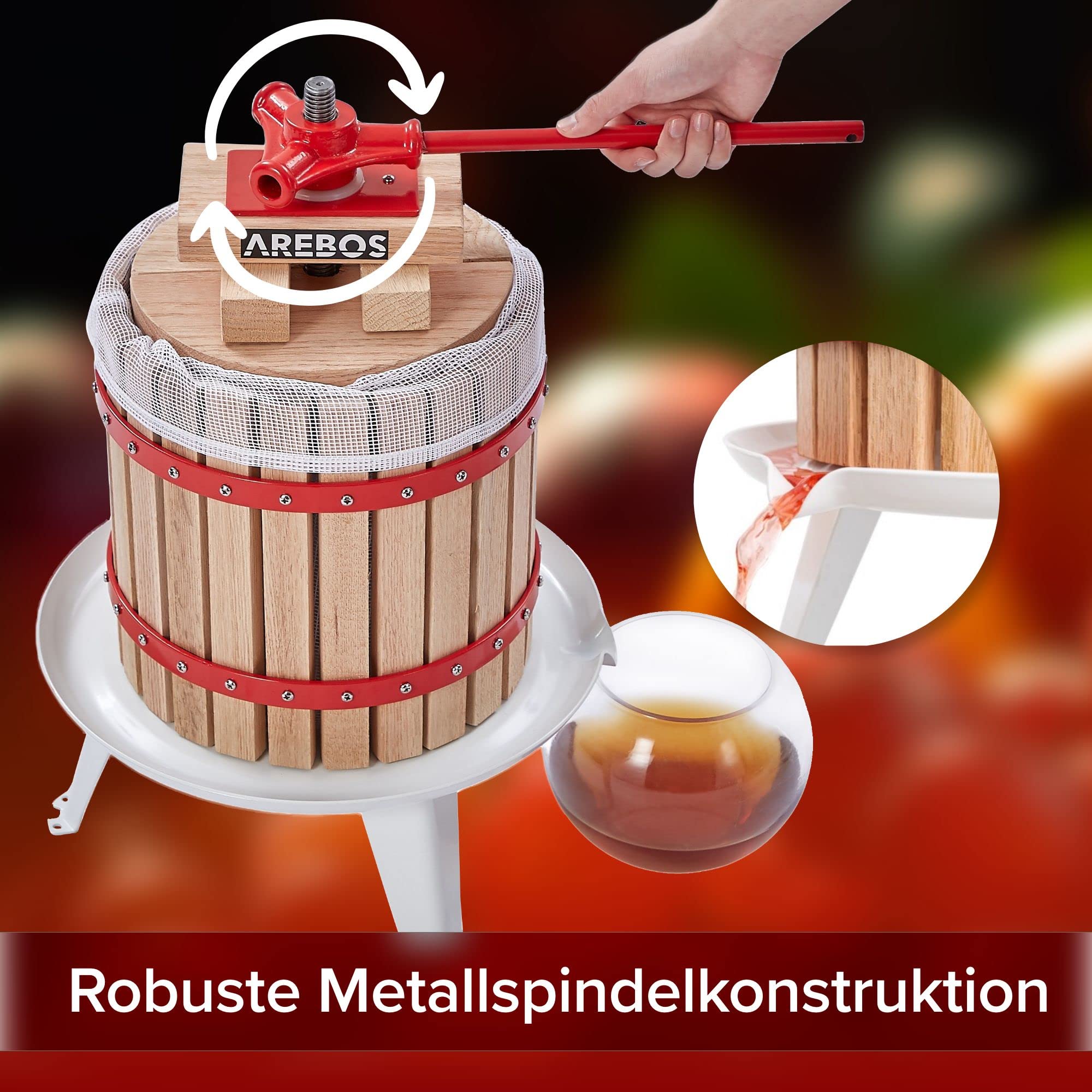 Arebos Obstpresse 12L | Manuelle Saftpresse I Beerenpresse inkl. Presstuch, Druckplatte und Metallspindel I Für jegliche Arten von Saft & Gemüse