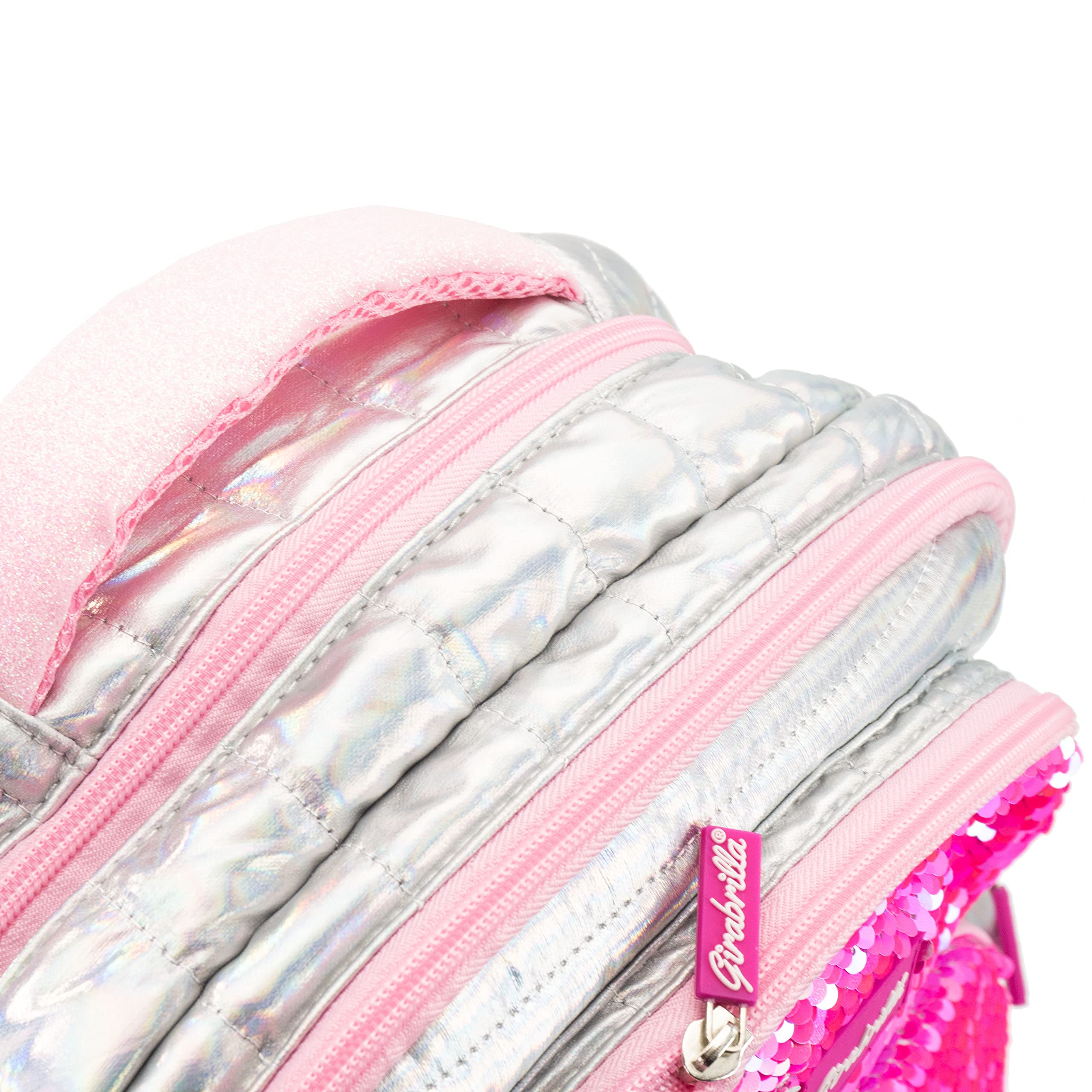 Girabrilla Nice Group Zaino Puffer Scuola per Bambine e Ragazze, Effetto Piumino, Doppia Tasca con Paillettes reversibili, Colore Rosa Fluo