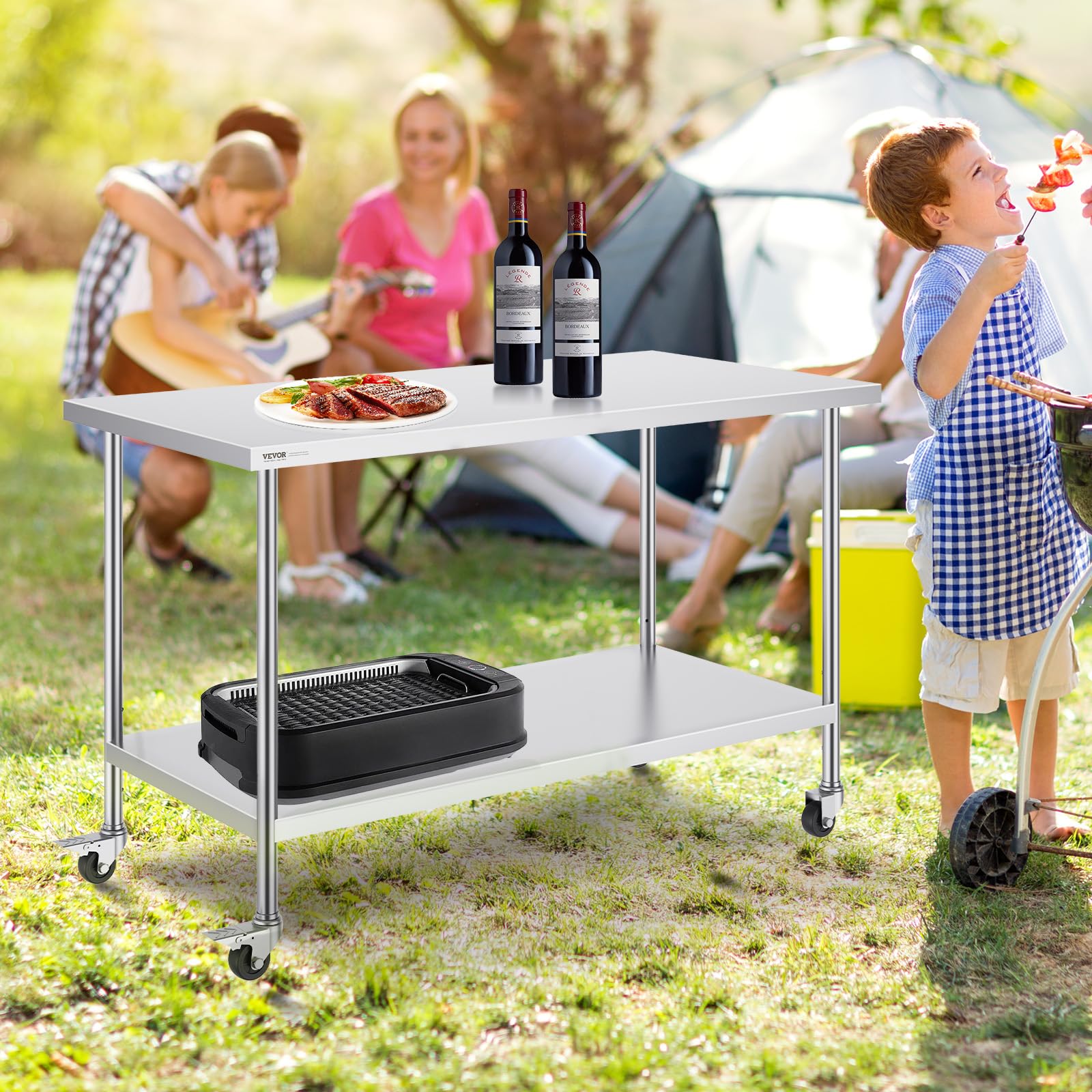 VEVOR Table de Travail en Acier Inoxydable 76,2x152,4x95,5 cm, Table de Préparation des Aliments avec roulettes, 3 Niveaux de Hauteur Réglables, Meuble de Rangement, pour Restaurant Maison Bar