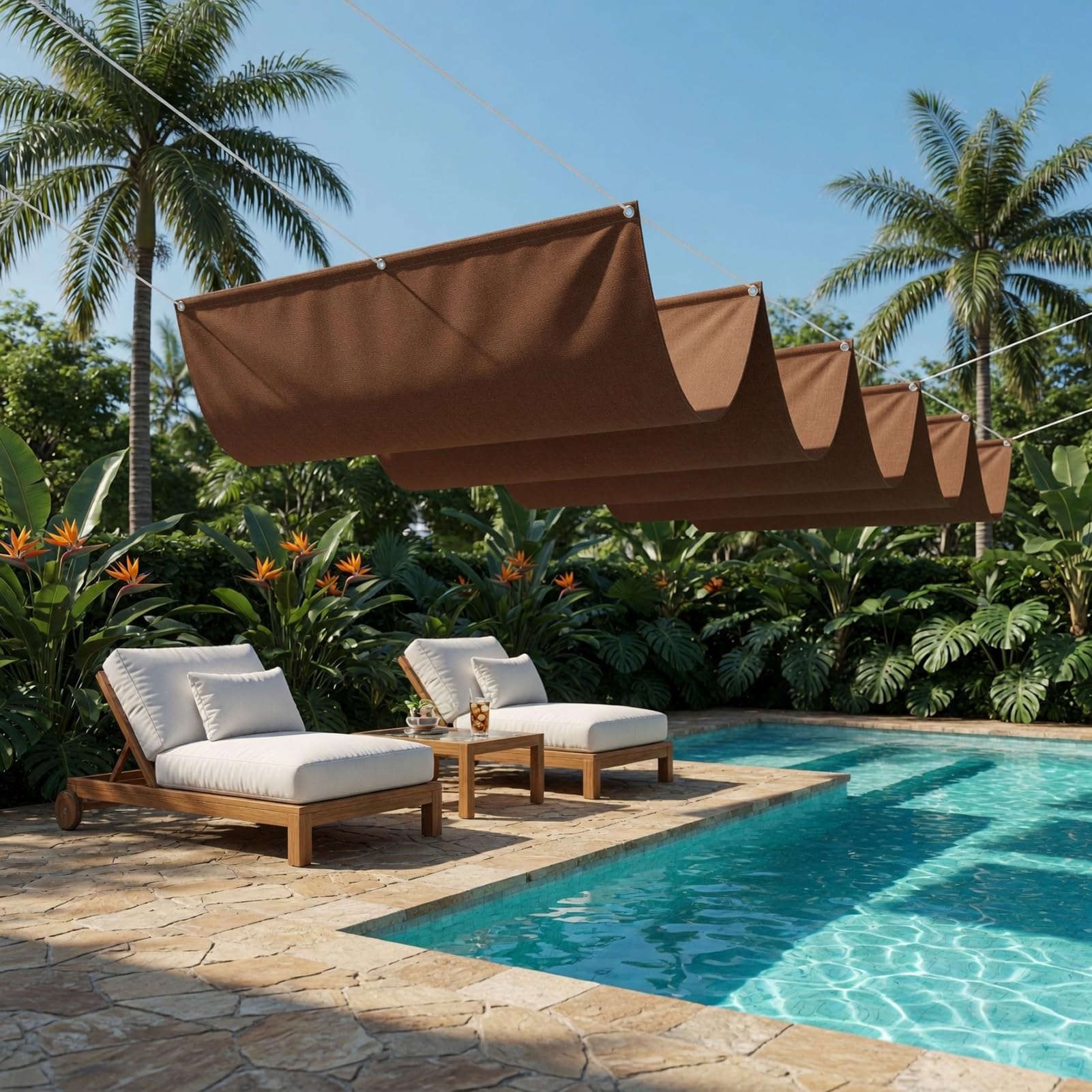 Retractable Wave Sun Shade Sail 2 x 6 m Adjustable Large Cooling Shade Privacy Protection Sun Shades for Deck Lawn Garden Pool, Brown
