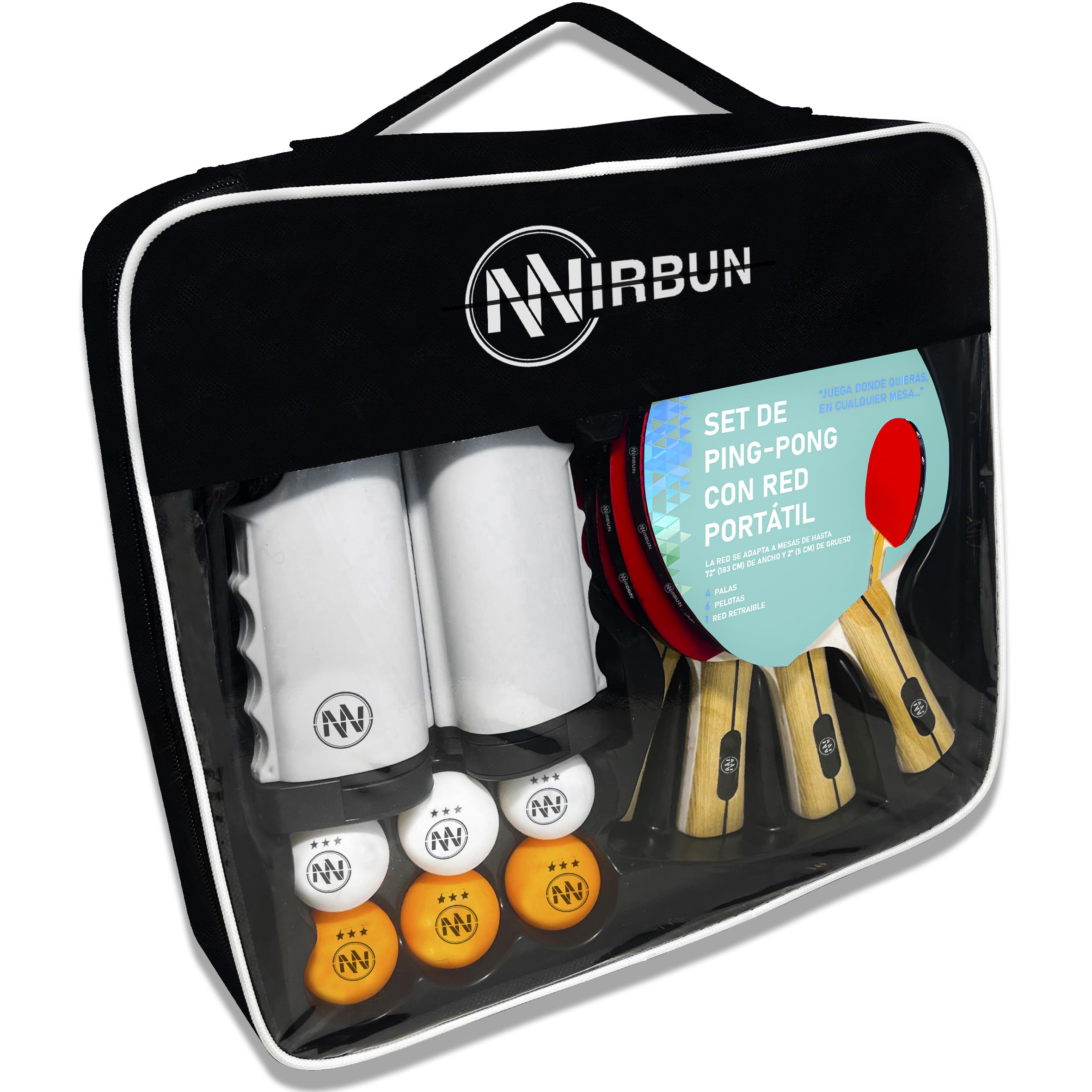 NIRBUN Set Ping Pong Con Red Extensible - Palas Profesionales - Pelotas 3 Estrellas - Red Ajustable Para Mesa - Set Portátil - 1