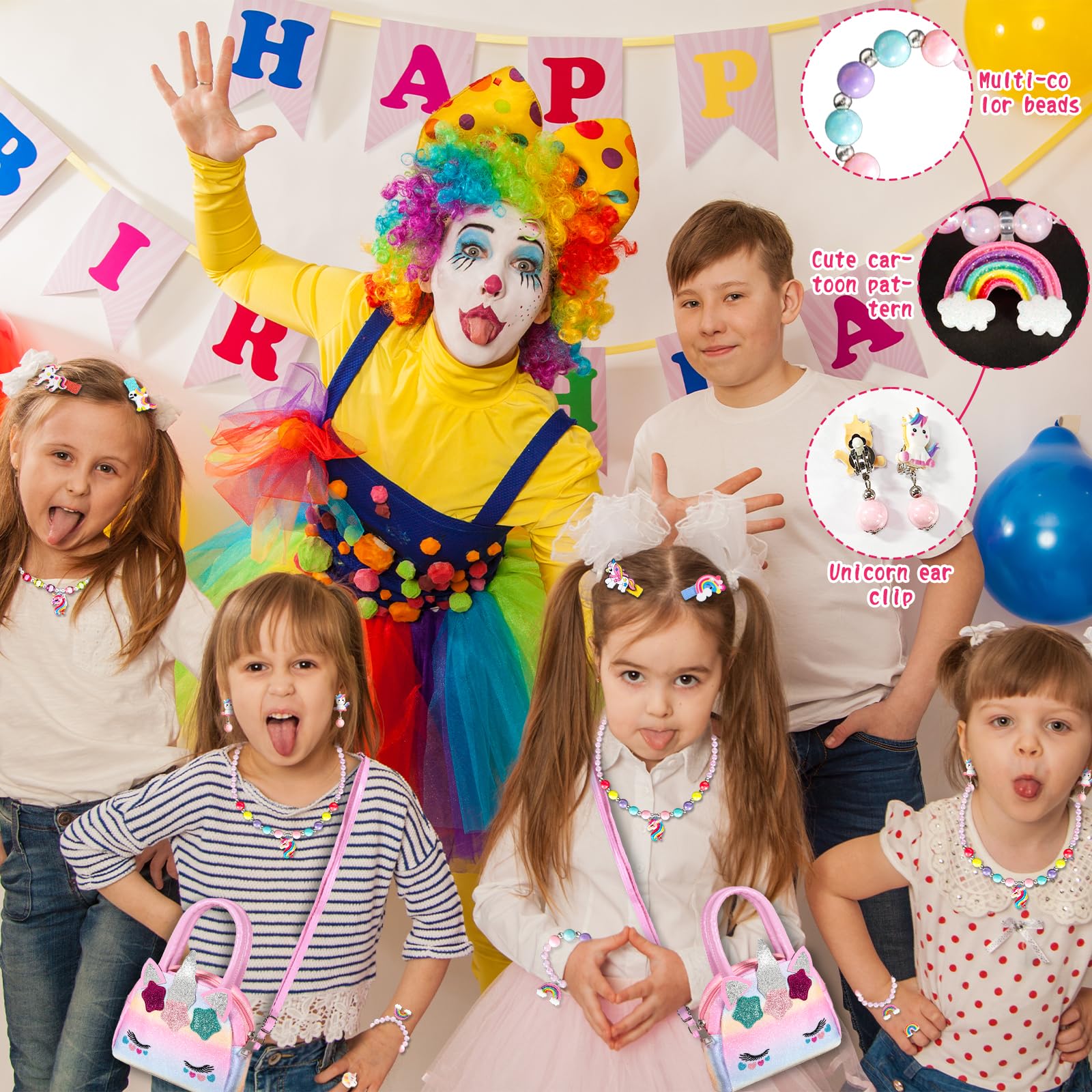 17-częściowy zestaw biżuterii z torebką jednorożca, prezenty z jednorożcem, zestaw biżuterii dla dzieci, torby, naszyjniki