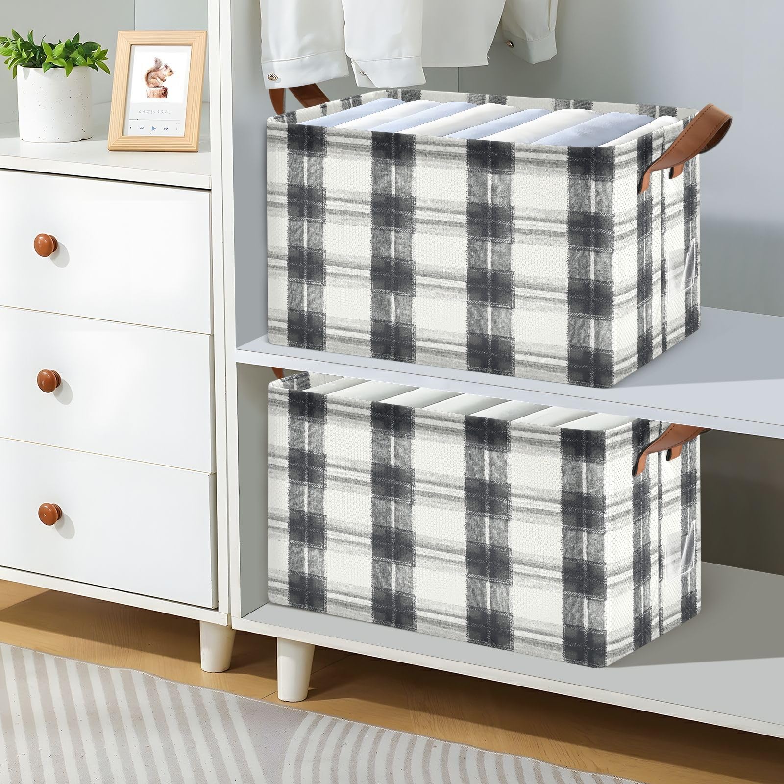 KLL Cestino in tartan nero e bianco per riporre oggetti con manici, pieghevole, in tessuto, cubi organizer per vestiti e 2 confezioni cajas para organizar ropa