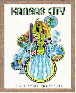 Monem Art Vintage Travel Poster - Retro Kansas Print - City of Fountains Art - Advertising Art - Gift for Him, Her, Travel Lover - Decor for Office, Living Room, Bedroom, 16x20 Beige Framed