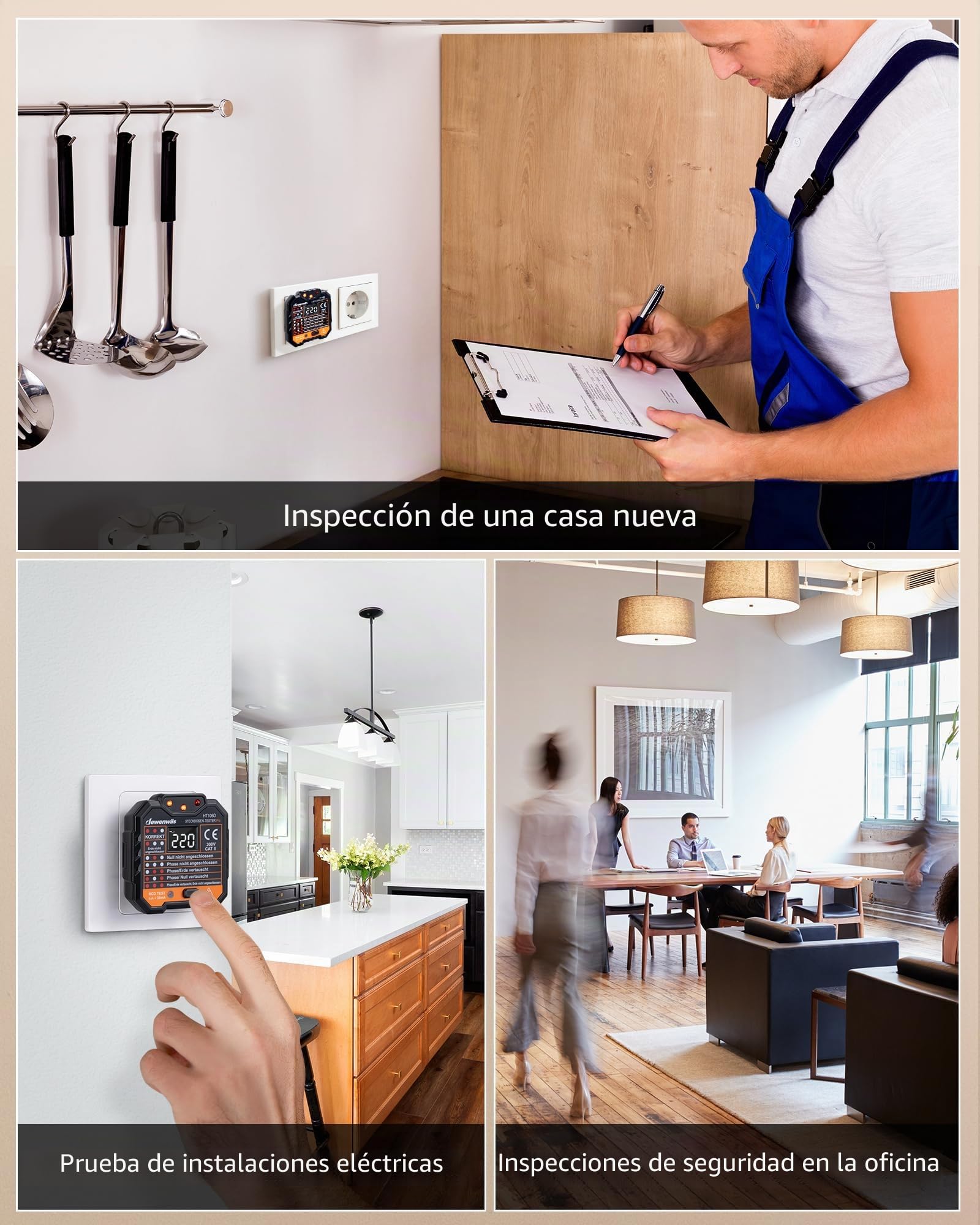 DEWENWILS Probador de Enchufes con Prueba RCD y Pantalla de Voltaje LCD, Pantalla de Luz Indicadora, Prueba FI, 48-250V/45-65Hz, CAT ll 300V