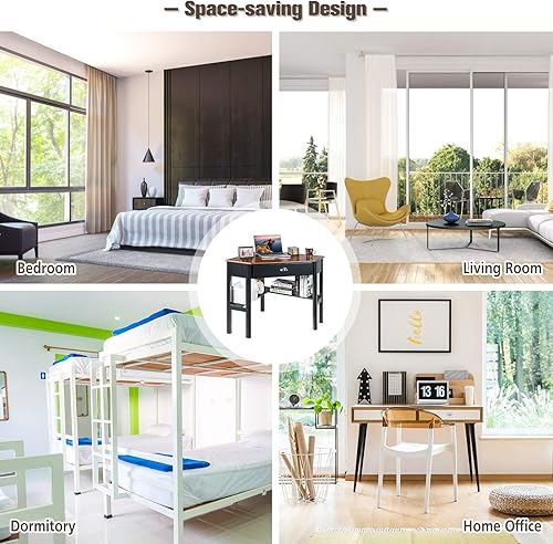 Miniatura 9 de COSTWAY Escritorio esquinero, escritorio de esquina para computadora con cajón para espacio pequeño, escritorio de tocador de maquillaje de madera,