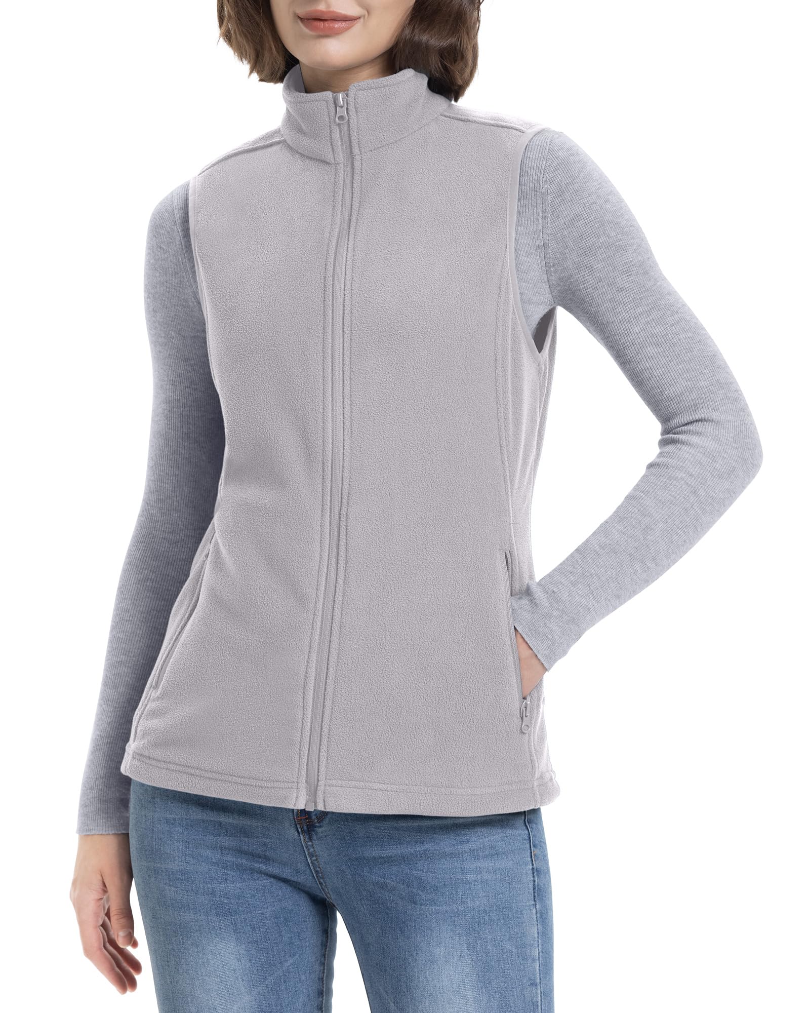 33,000ft Damen Fleece Weste Jacke Standkragen Ultraleicht Outdoor Westen Tops mit Taschen Reißverschluss Gilets Damenweste