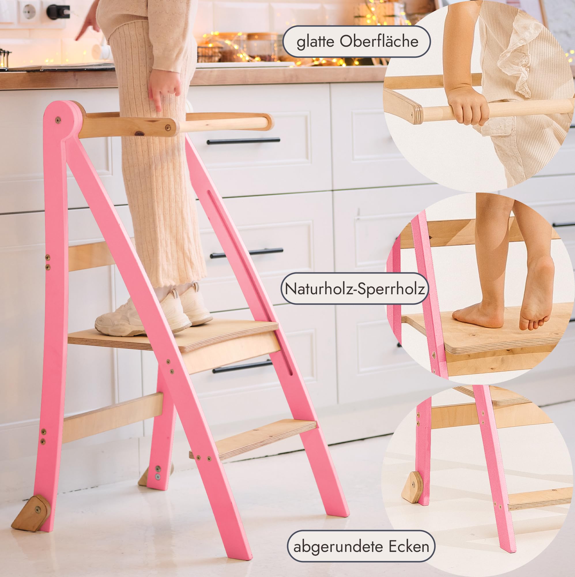 Goodevas Holz Lernleiter Montessori platzsparend: Klappbare Lernleiter, Hocker für Kinder, Faltbare Kindertreppe, Lernleiter mit Kippschutz