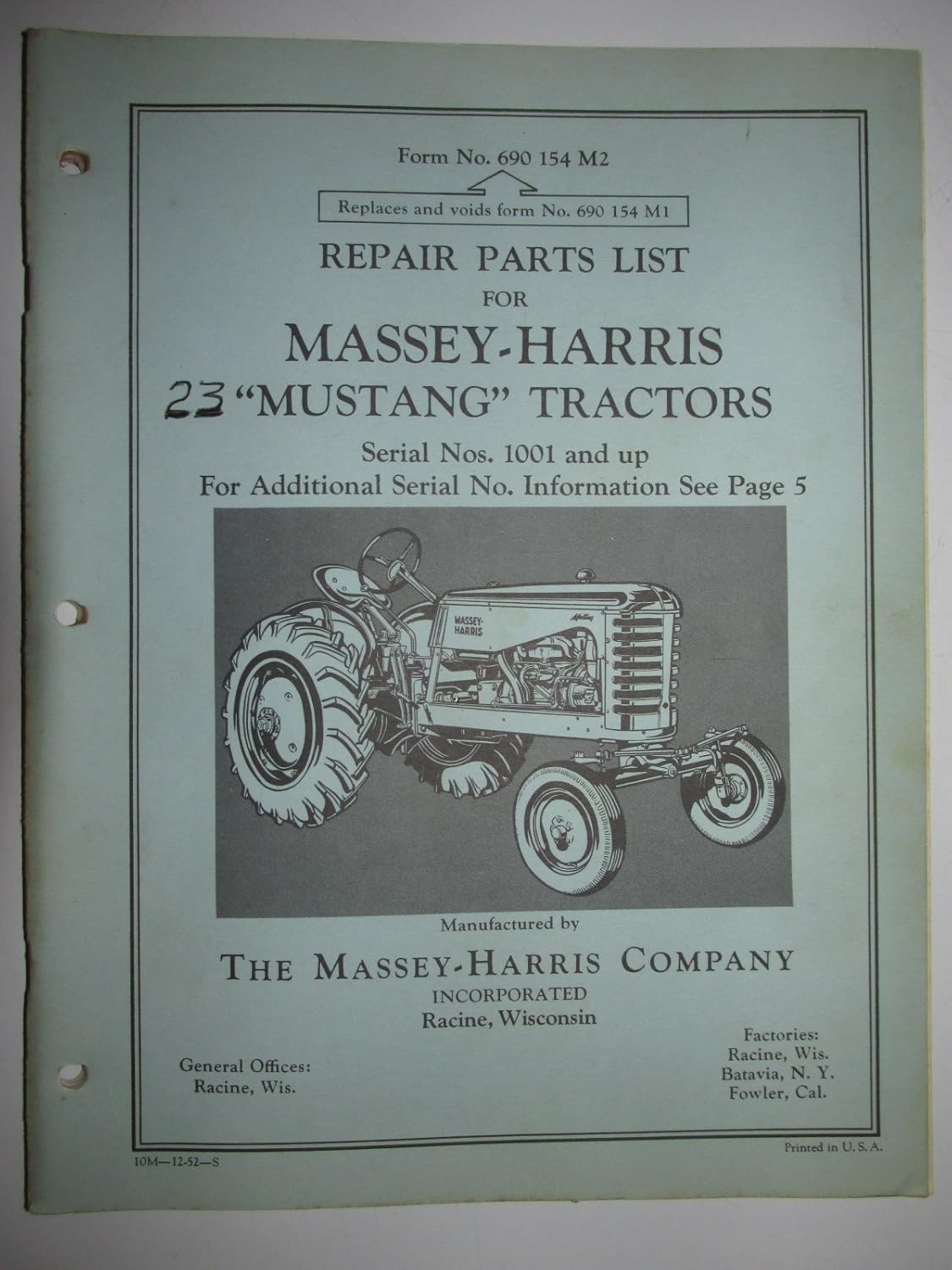 Massey Harris Mustang Tractor (s/n 1001 & up) Parts Catalog Book Manual