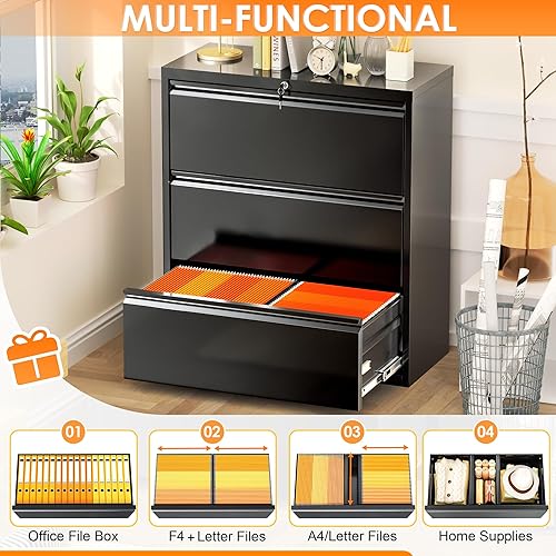 Miniatura 23 de INTERGREAT Archivador lateral de 4 cajones, archivador lateral blanco con cerradura, archivadores horizontales de acero metálico para oficina