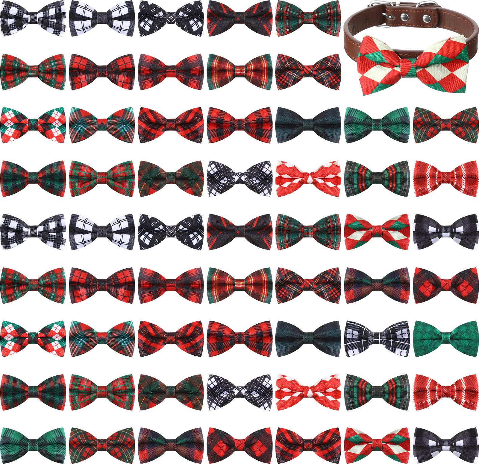 Silkfly 60 Pcs Winter Plaid Dog Collar Bow Ties Bulk Christmas Dog Bowtie Holiday Dog Accessories Puppy Bows Detachable Collar Charms for Small Medium Large Dogs Cat Grooming Supplies PET Costume