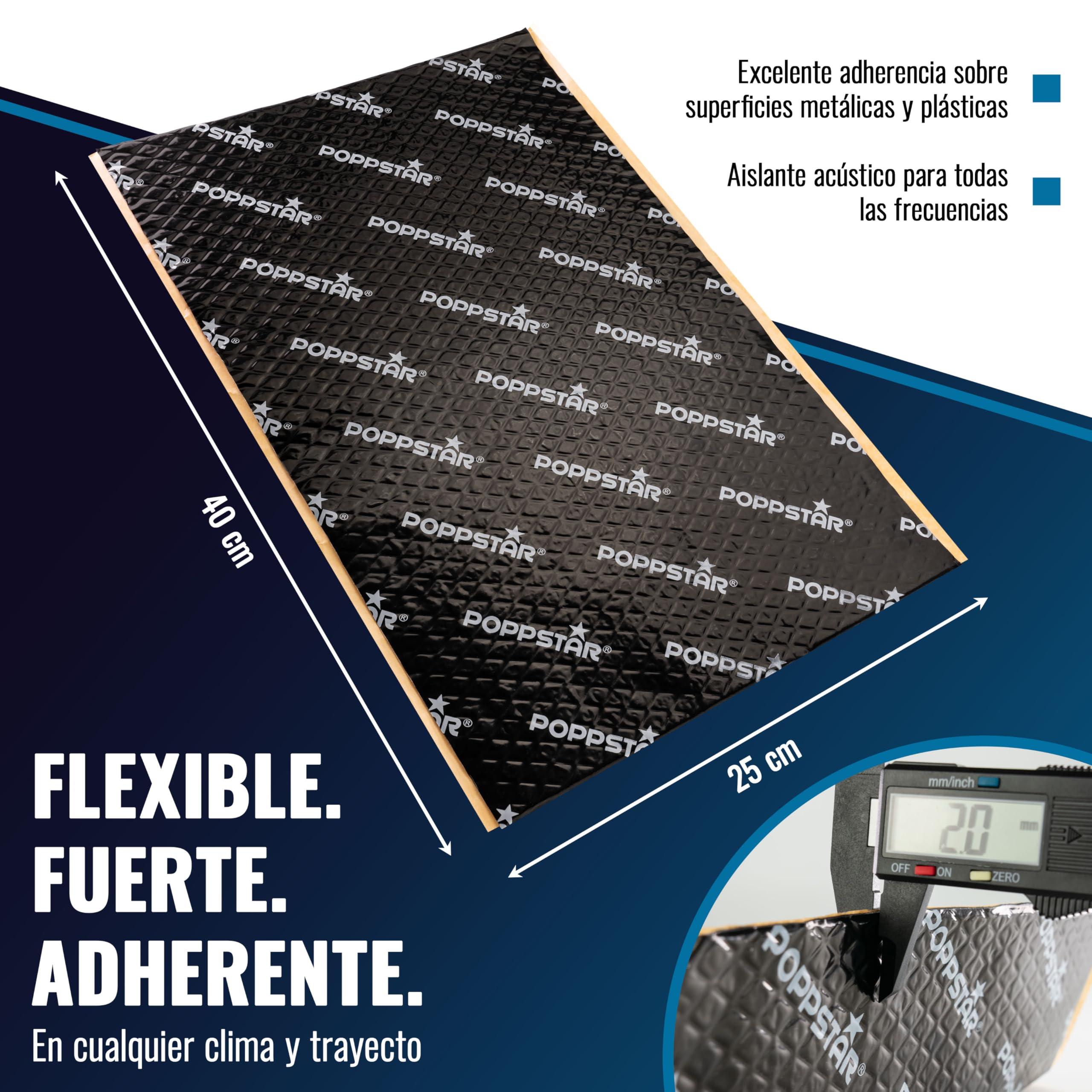 Poppstar Alfombrillas ailslantes para coche de aluminio butilo (placas insonorizantes 2 mm, 17 piezas c/u 40 x 25 cm, (1,7 m²)), negro