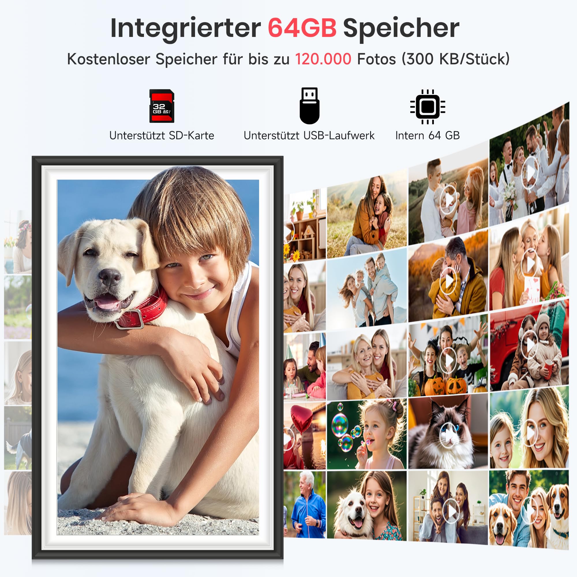 64GB FRAMEO 15,6 Zoll Digitaler Bilderrahmen -1920 * 1080P FHD IPS Touchscreen Digitale Bilderrahmen, Auto Rotation Elektronischer Fotorahmen, Teilen Sie Fotos/Videos Sofort