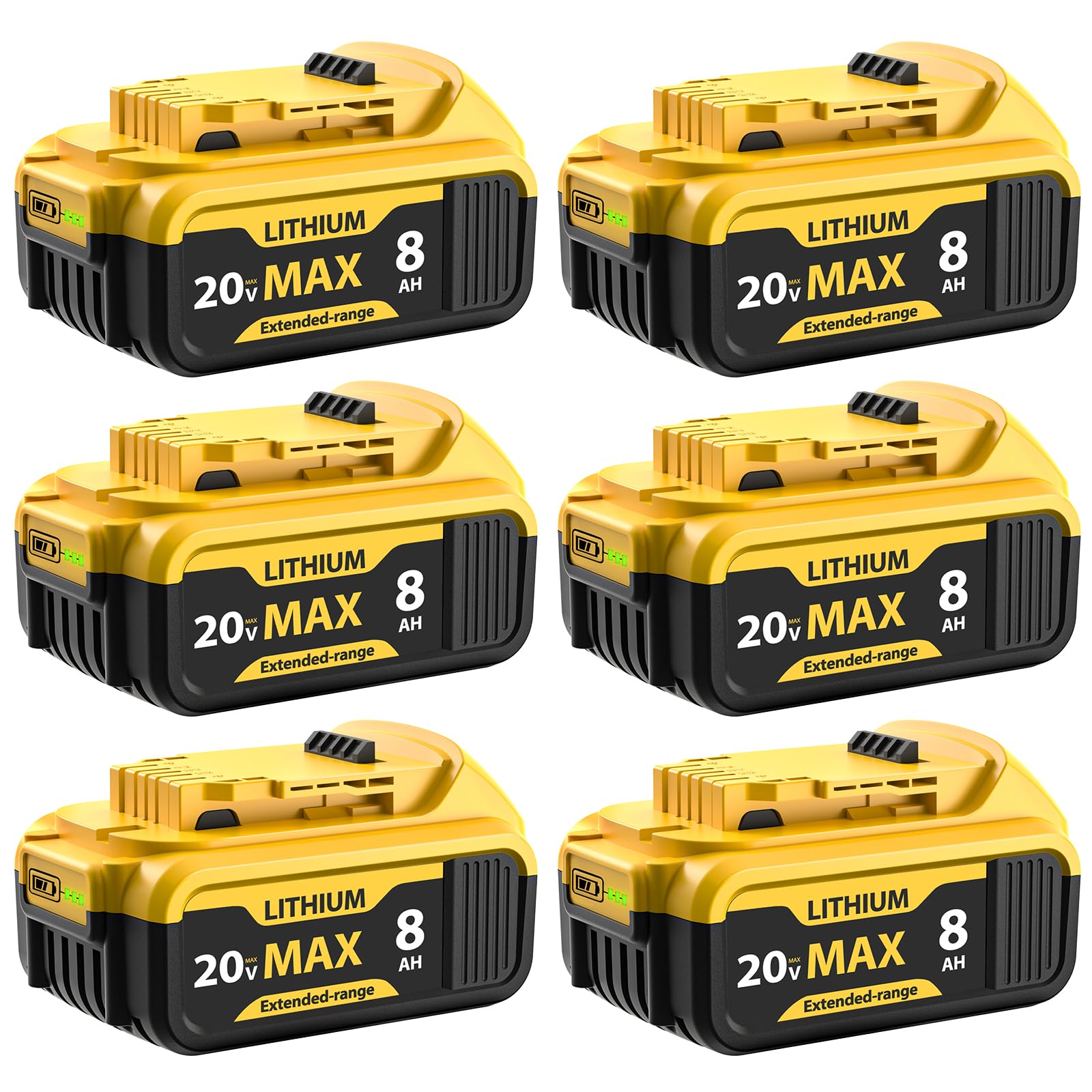 6-Pack 8000mAh Replacement for Dewalt 20V Max Battery High Capacity Battery Compatible with Dewalt DCB200 DCB201 DCB203 DCB205 DCB206 Works with 20V Power Tools & Chargers