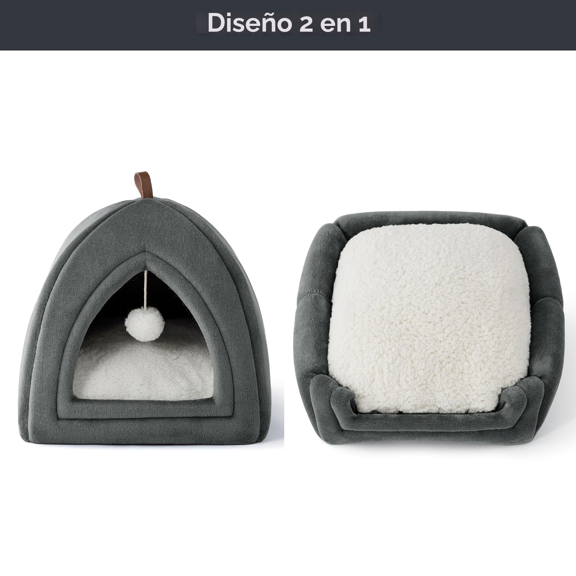 Bedsure Cama Cueva Gato Interior Casa Iglú Franela, 40x40cm | Cama Mascota Cerrada Plegable con Cojín Extraíble Lavable, Gris Oscuro