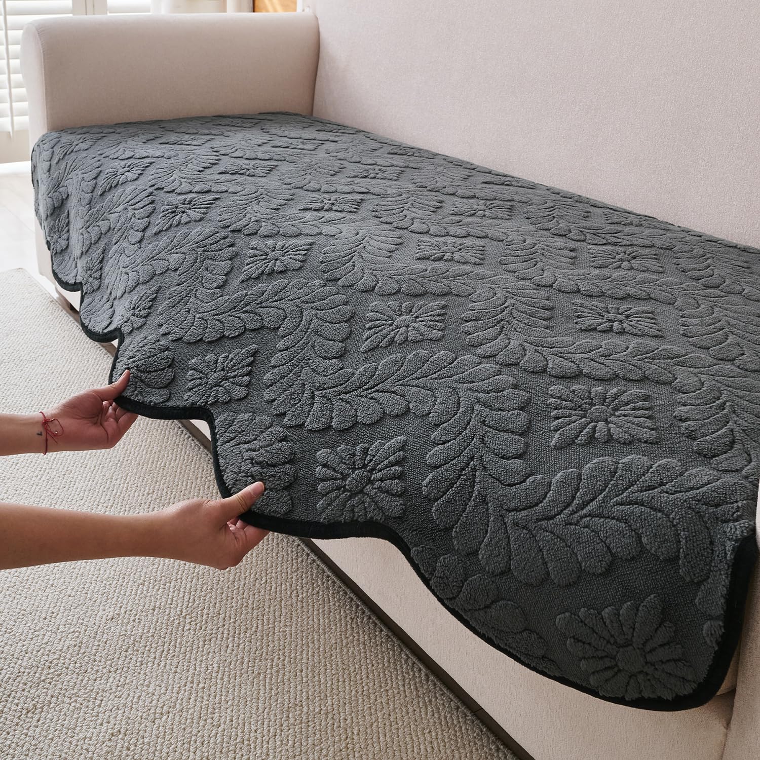 HOKIPO Embossed Floral Jacquard Anti-Slip Sofa Cover Mat for 1/2/3 Seater & L Shape Sofa | Make Your Own Set, 'Wavy Petal Crest Series' | 90(W) x 150(L) cm, Charcoal Grey (AR-6602-GRY)