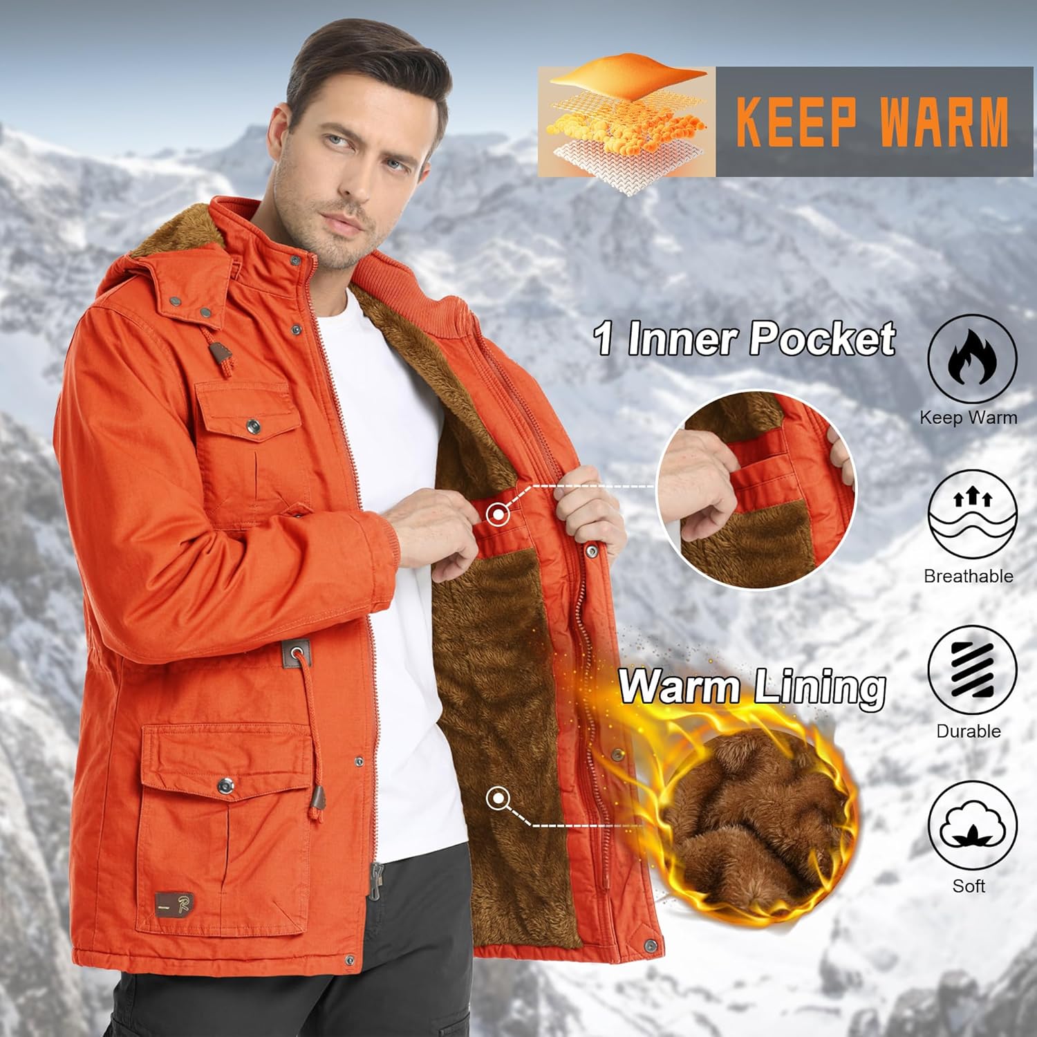 CHEXPEL Men's Thick Winter Jackets with Hood Fleece Lining Cotton Military Jackets Work Coats with Cargo Pockets Outwear - Image 3