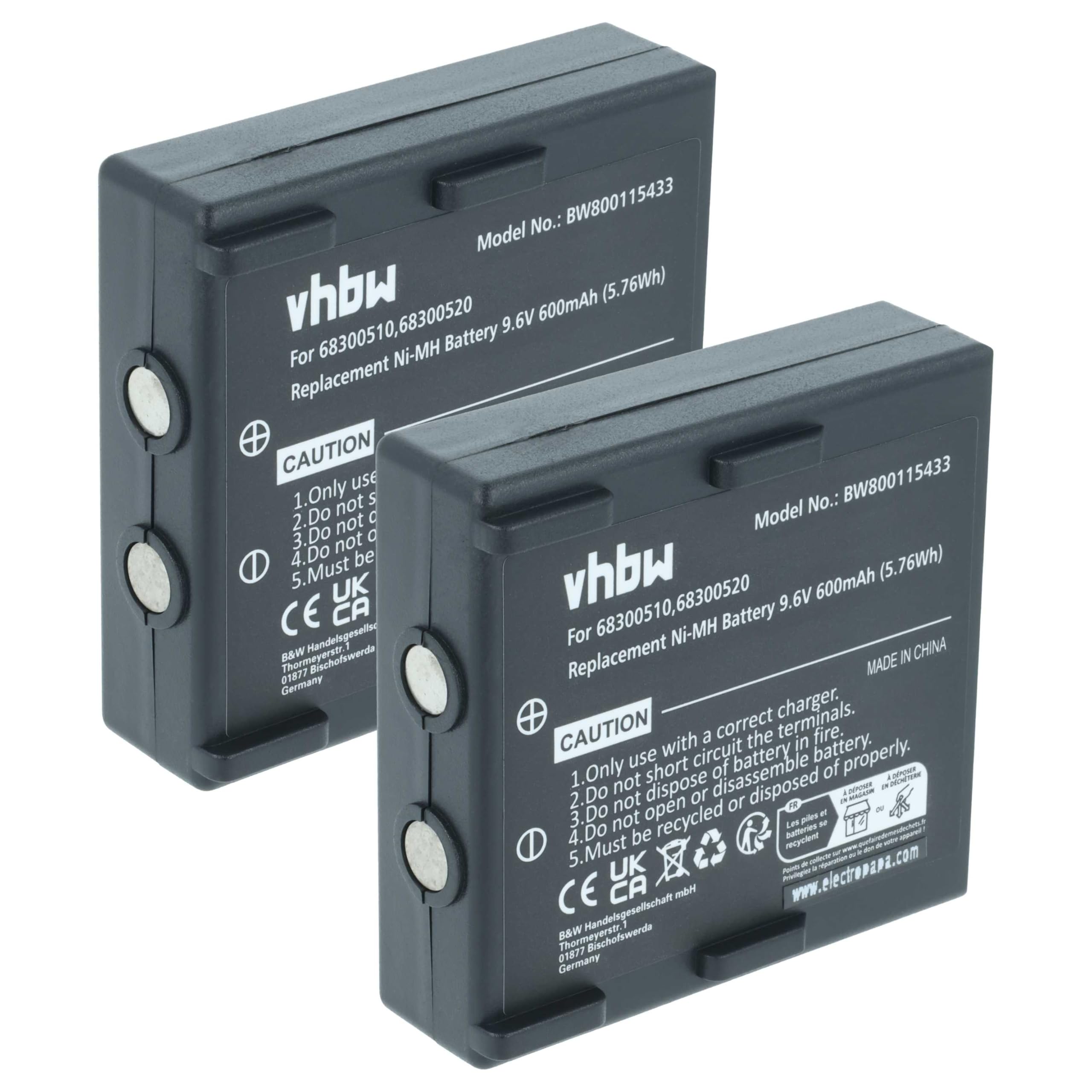 vhbw 2 x akumulator zamienny do Hetronic 68300530, HT-02, KH68300520.A, HE520 do przemysłowego pilota zdalnego sterowania (600 mAh, 9,6 V, NiMH) - czarny