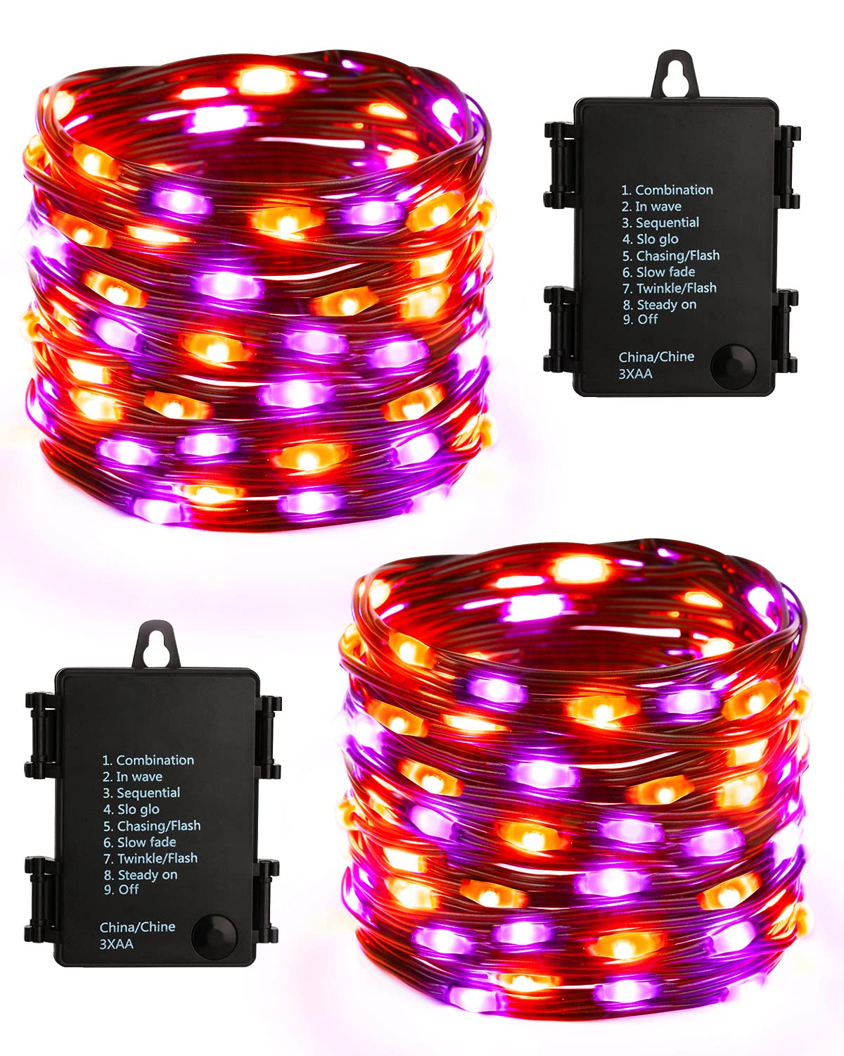 Brizled Purple & Orange Halloween Lights, 2 Pack 17.38ft 50 LED Battery Operated Halloween Lights with Timer, 8 Modes Halloween String Light Black Wire, Halloween Lighting Indoor Outdoor Spooky Decor