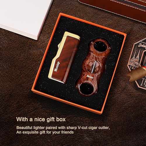 Miniatura 7 de Juego de encendedor de puros con cortador de puros en V, llama de chorro a prueba de viento cuádruple, ponche de puros y soporte para puros, kit de
